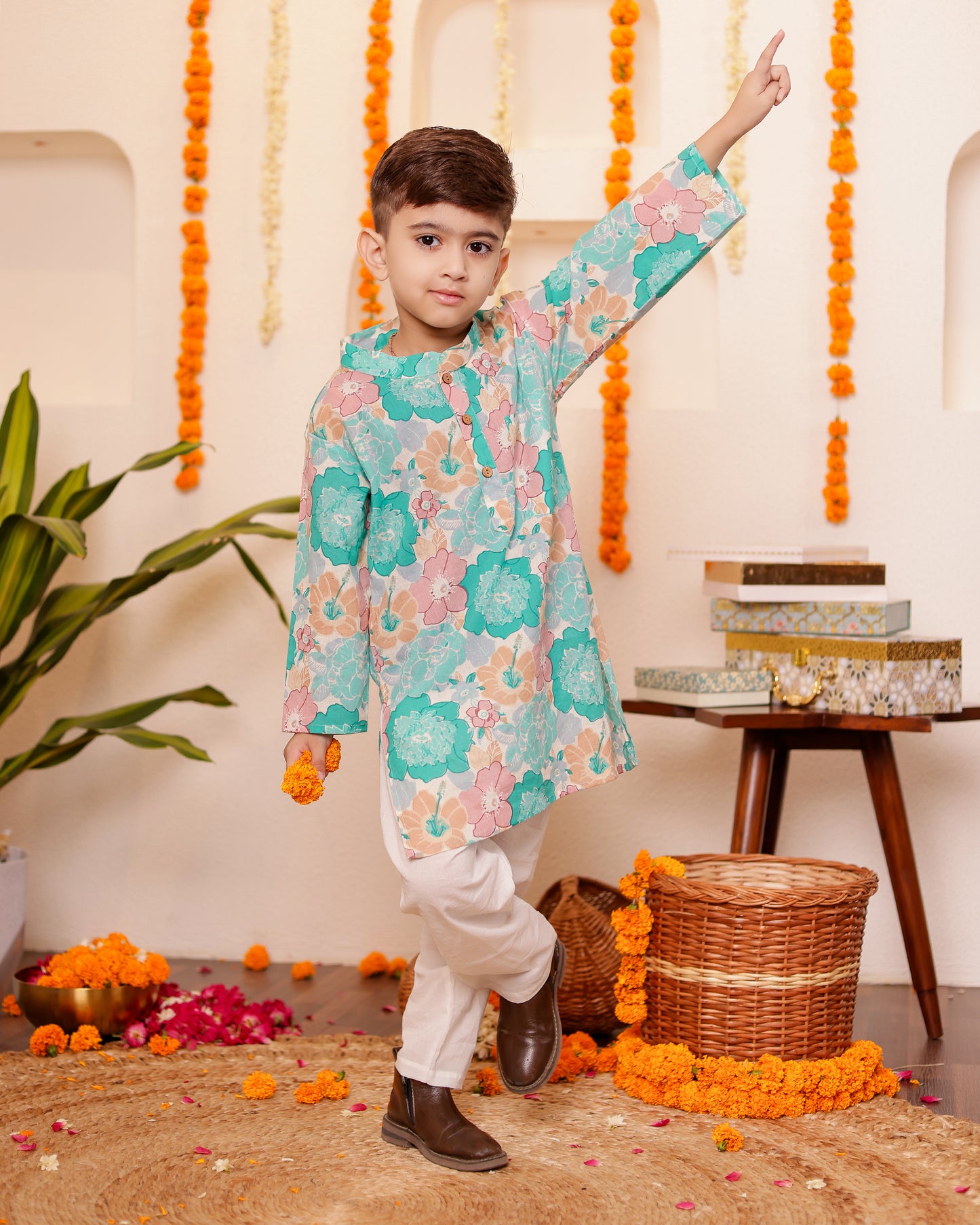Boys Floral Cotton Kurta Pyzama / dhoti set