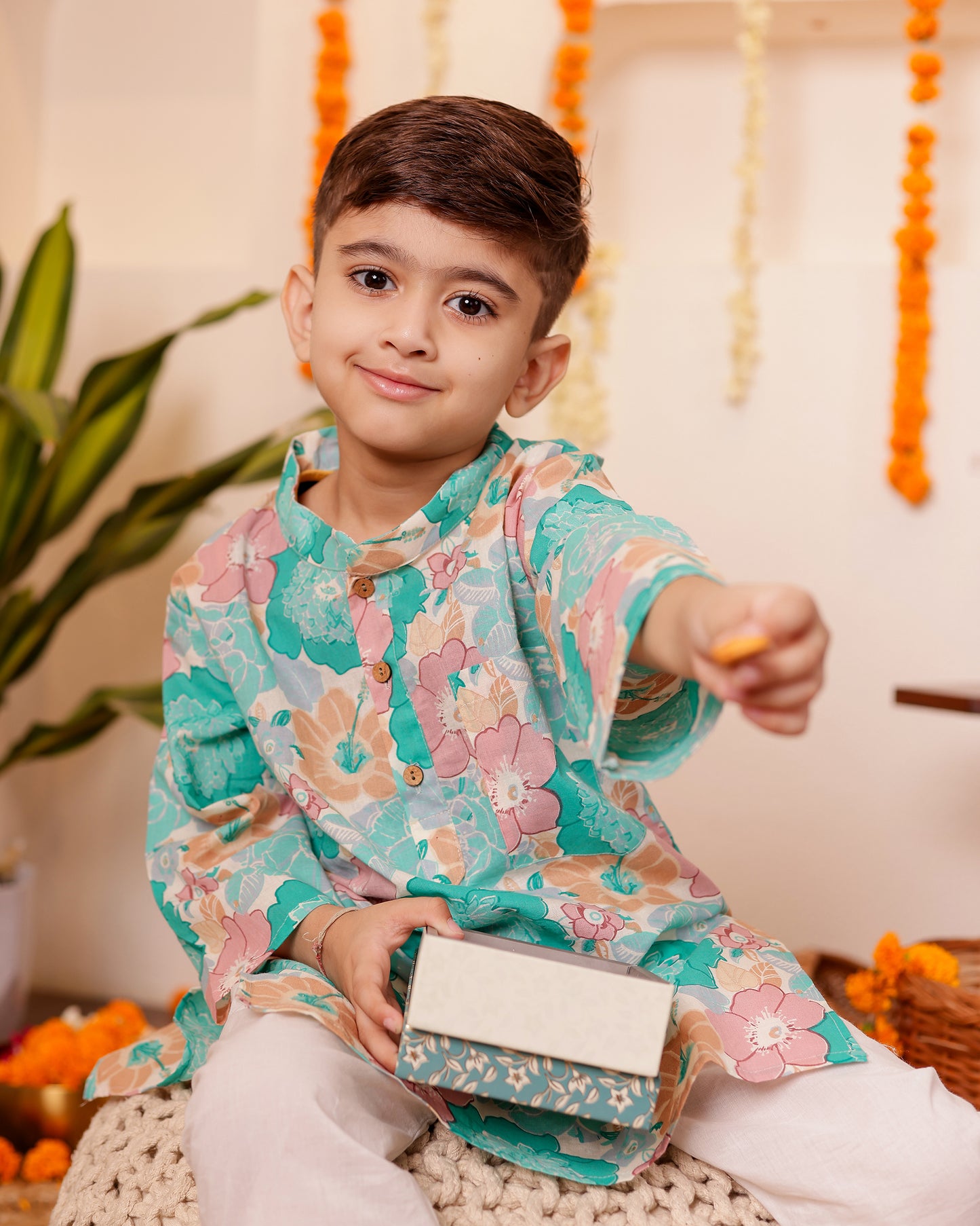 Boys Floral Cotton Kurta Pyzama / dhoti set