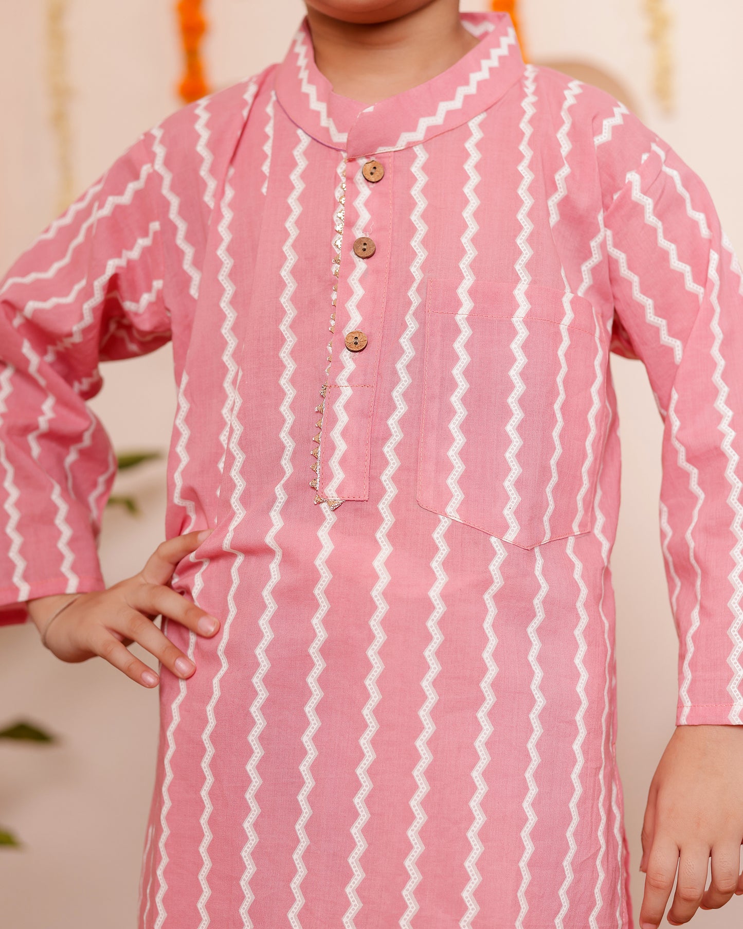 Boys Zigzag Pink Kurta Pyzama set