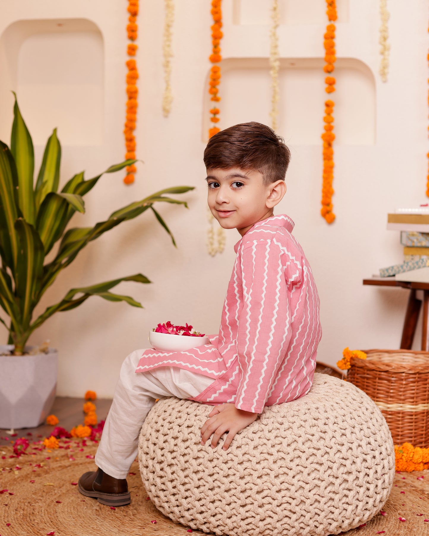 Boys Zigzag Pink Kurta Pyzama set