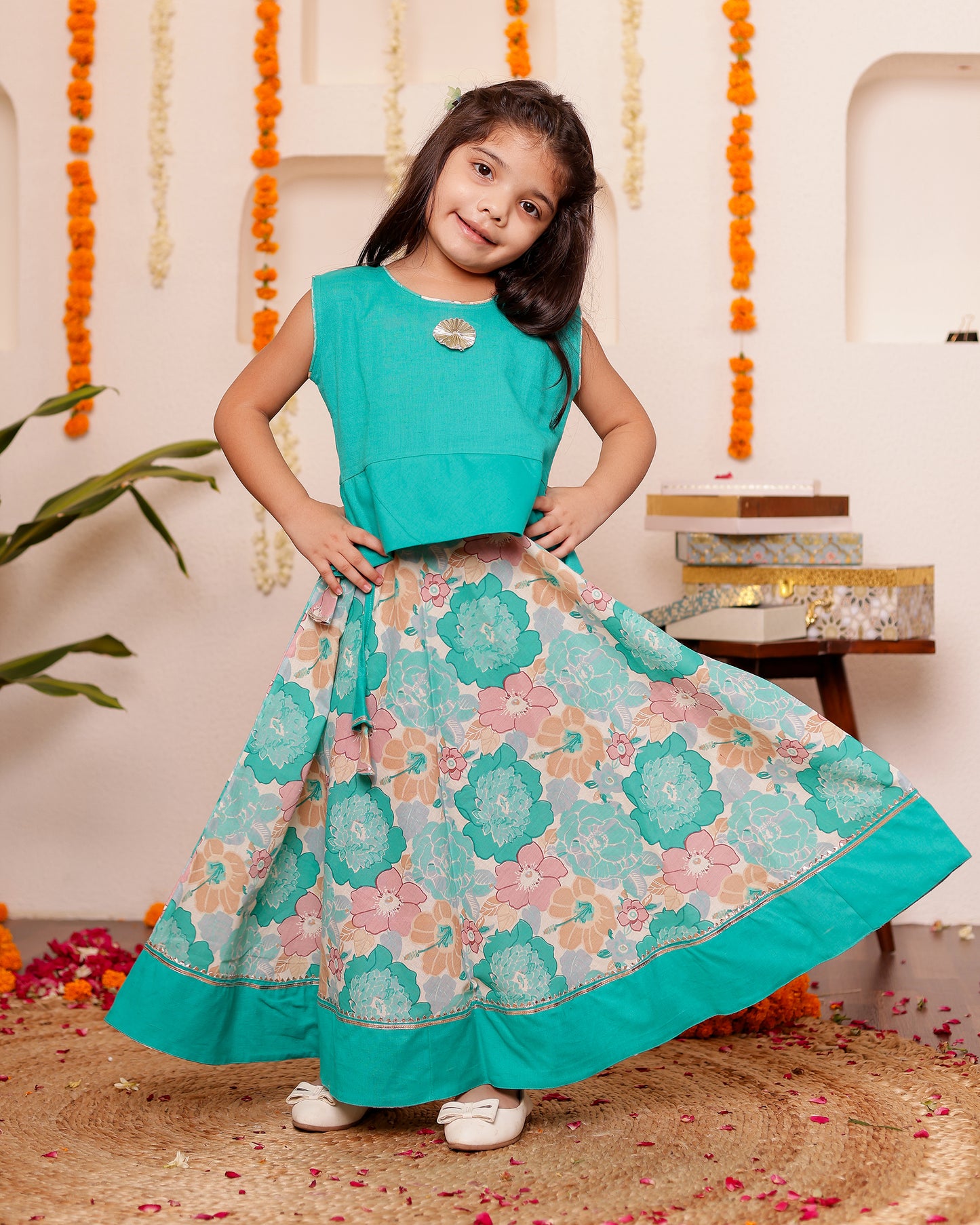 Girls Cotton Floral Lehenga / Skirt with a Bright Plain Peplum Top