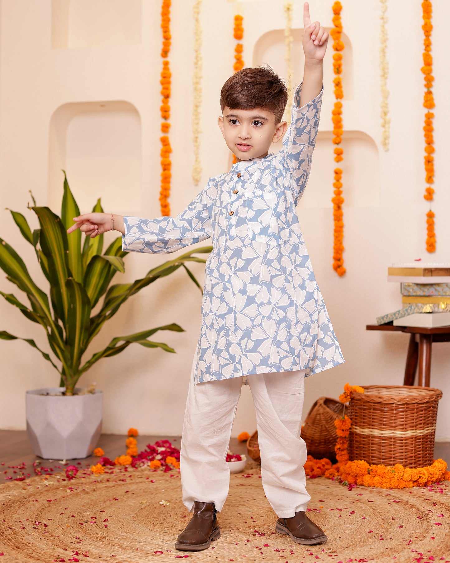 Boys Powder Blue White Kurta Pyzama set