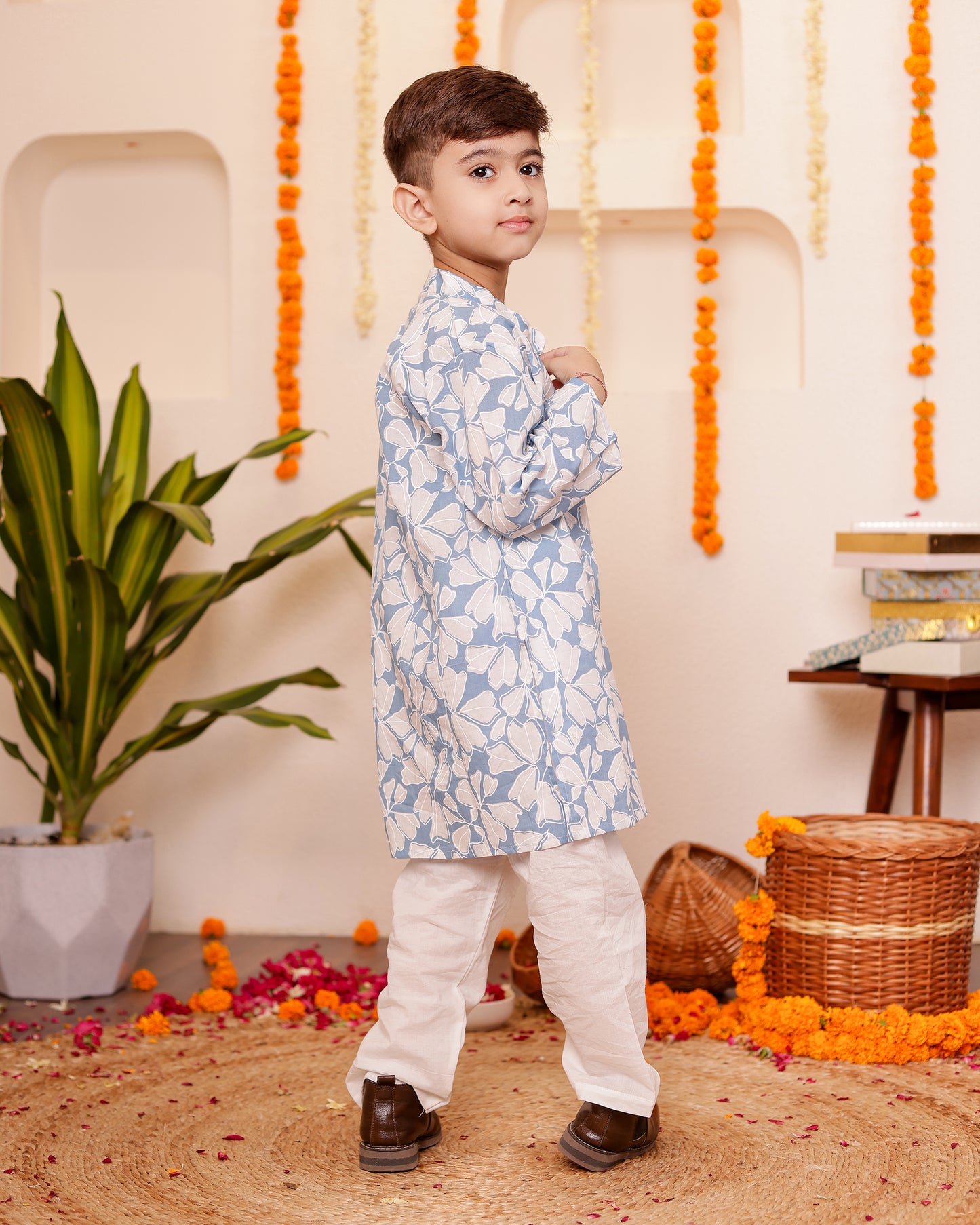 Boys Powder Blue White Kurta Pyzama set