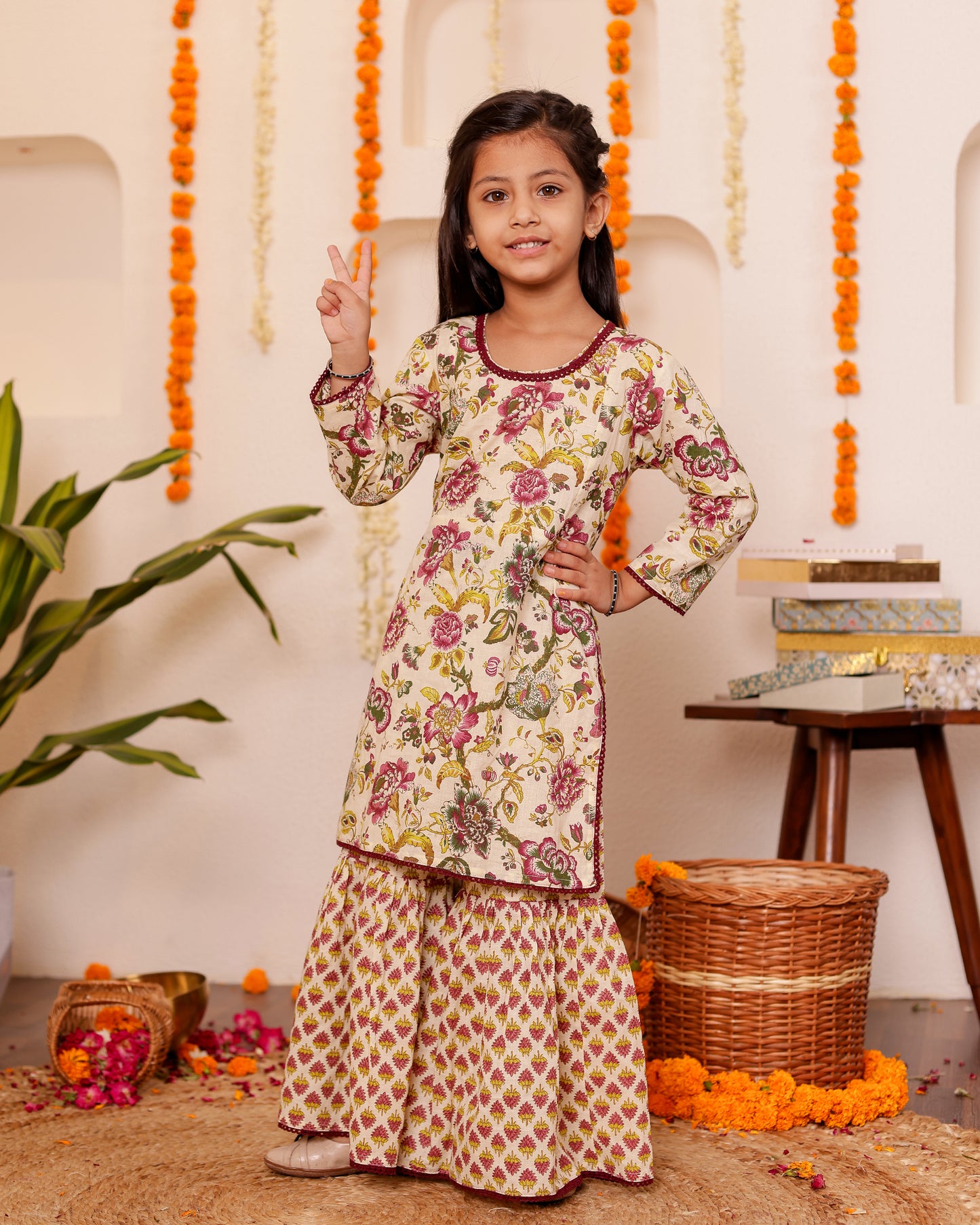 Girls Bahara Floral Off-White Magenta Kurti Sharara