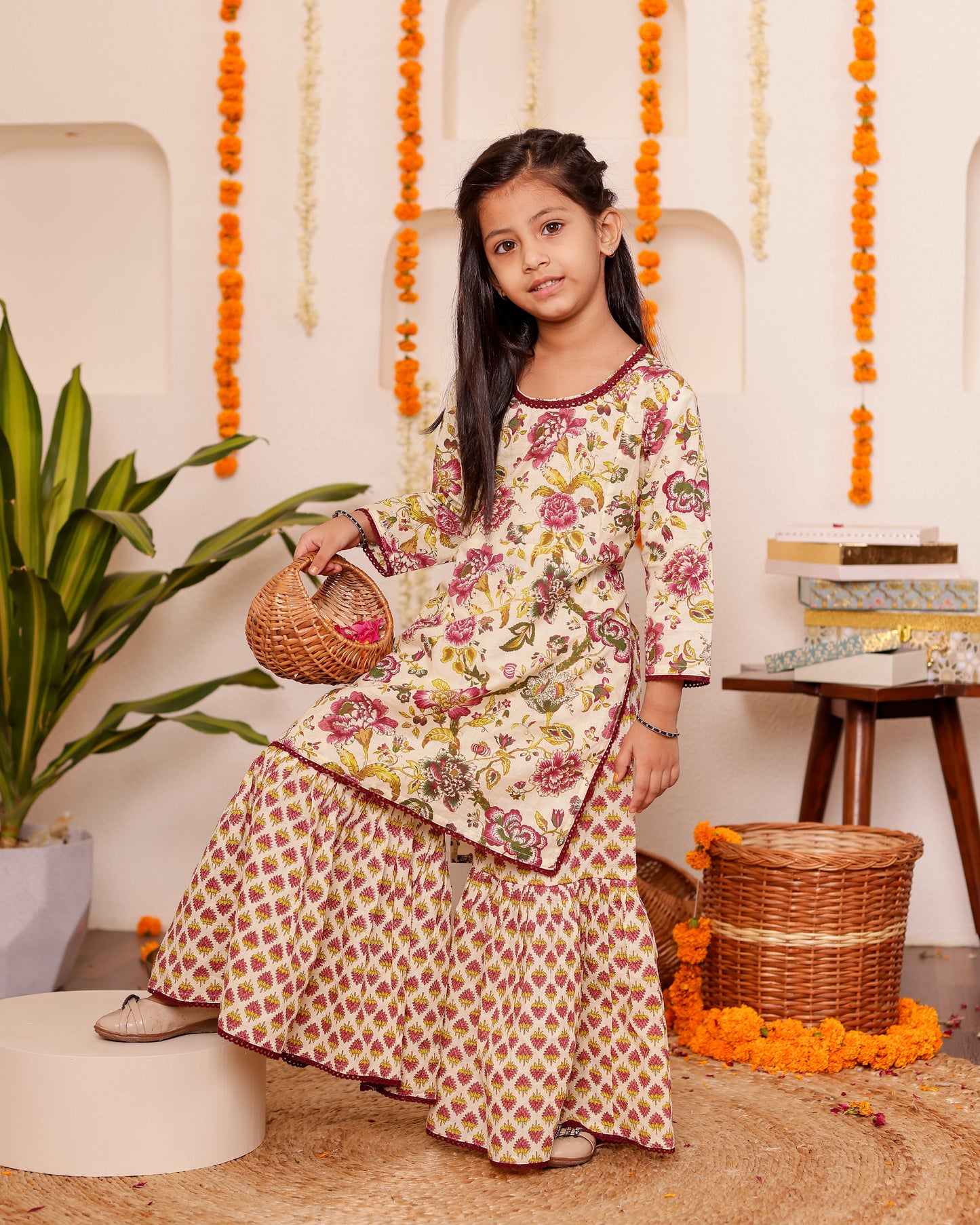Girls Bahara Floral Off-White Magenta Kurti Sharara