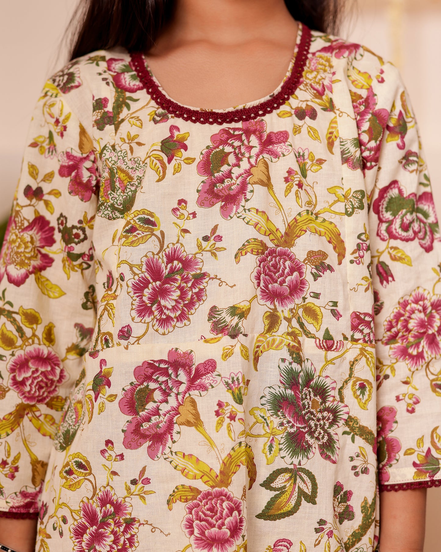 Girls Bahara Floral Off-White Magenta Kurti Sharara