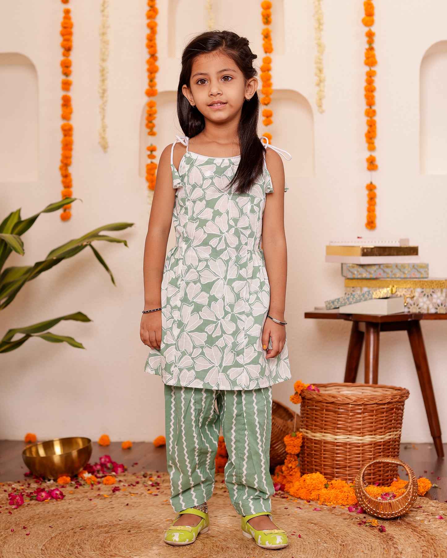 Girls Pretty Floral Spaghetti Kurta with Semi Patiala Pant - Green / Yellow / Aqua