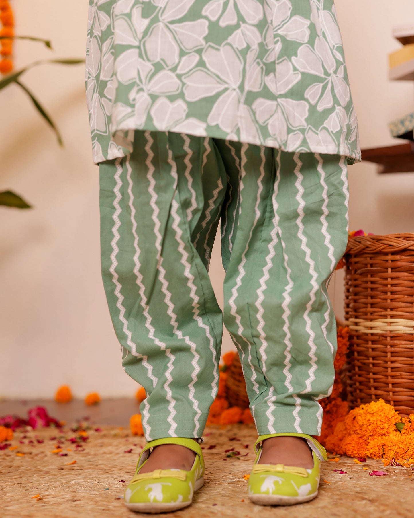 Girls Pretty Floral Spaghetti Kurta with Semi Patiala Pant - Green / Yellow / Aqua