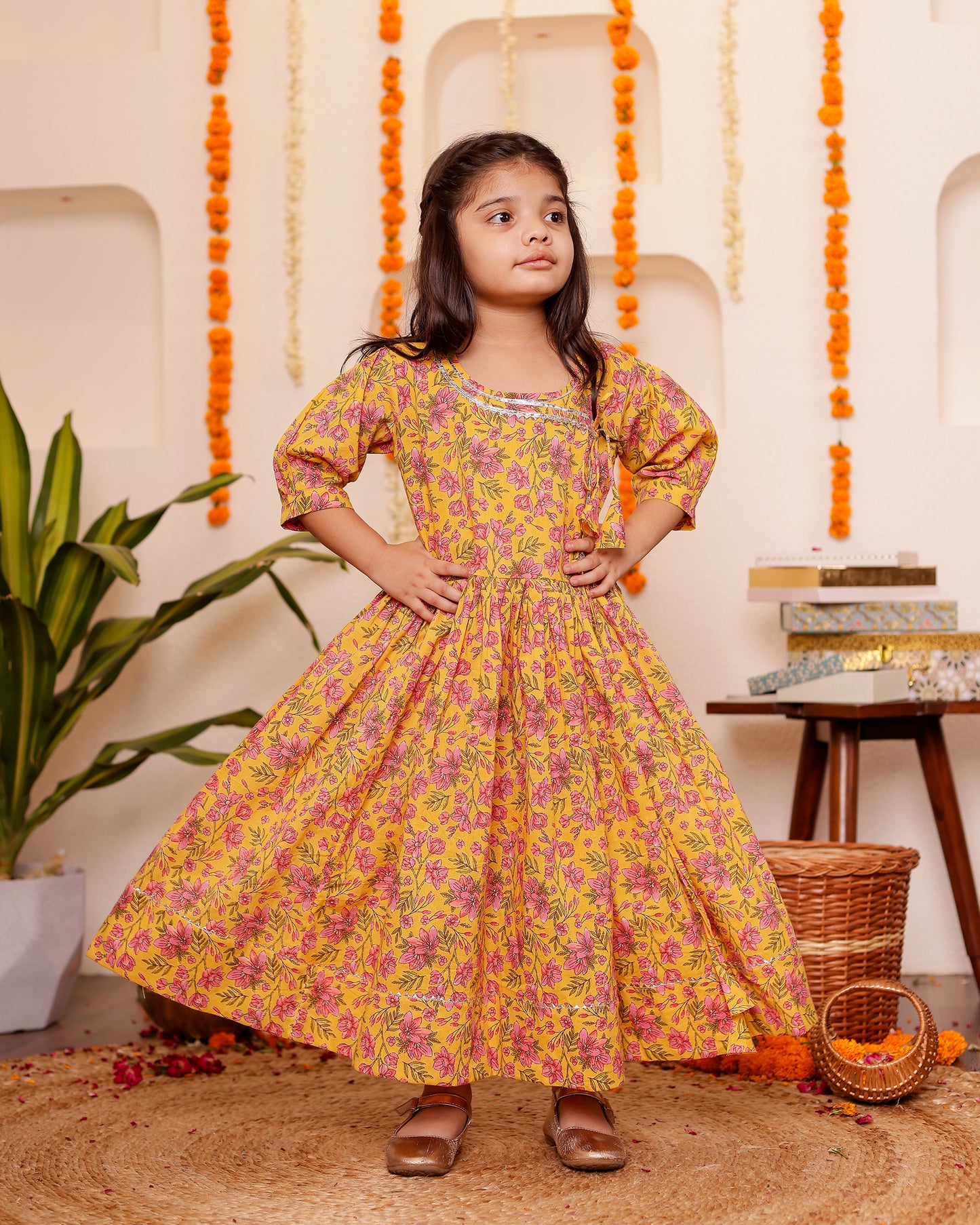 Twirl Time with Cotton Angrakha Dress for Girls - Blue | Yellow | Orange