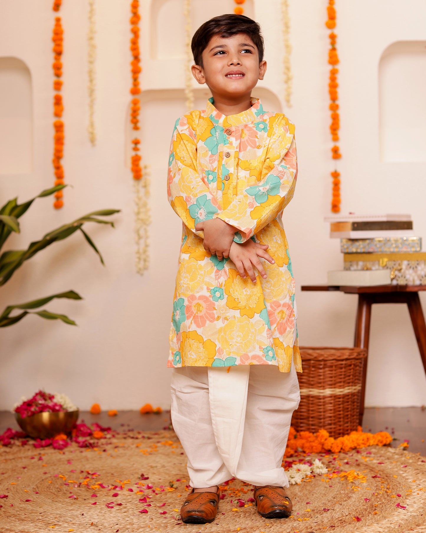 Boys Floral Cotton Kurta Pyzama - Yellow / Aqua