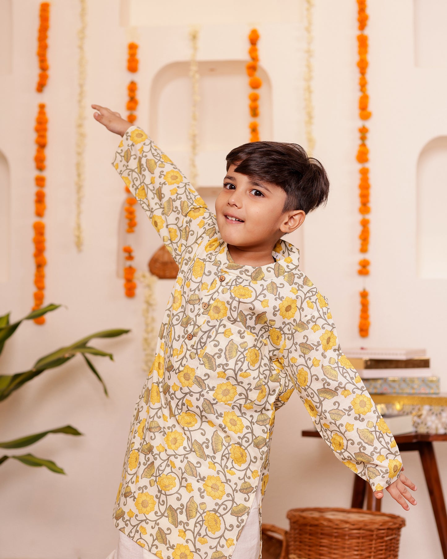 Khushaali Yellow Floral Kurta Dhoti/Pyzama Set for Boys