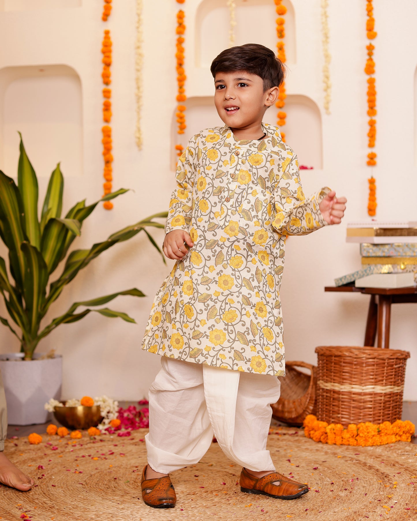 Khushaali Yellow Floral Kurta Dhoti/Pyzama Set for Boys