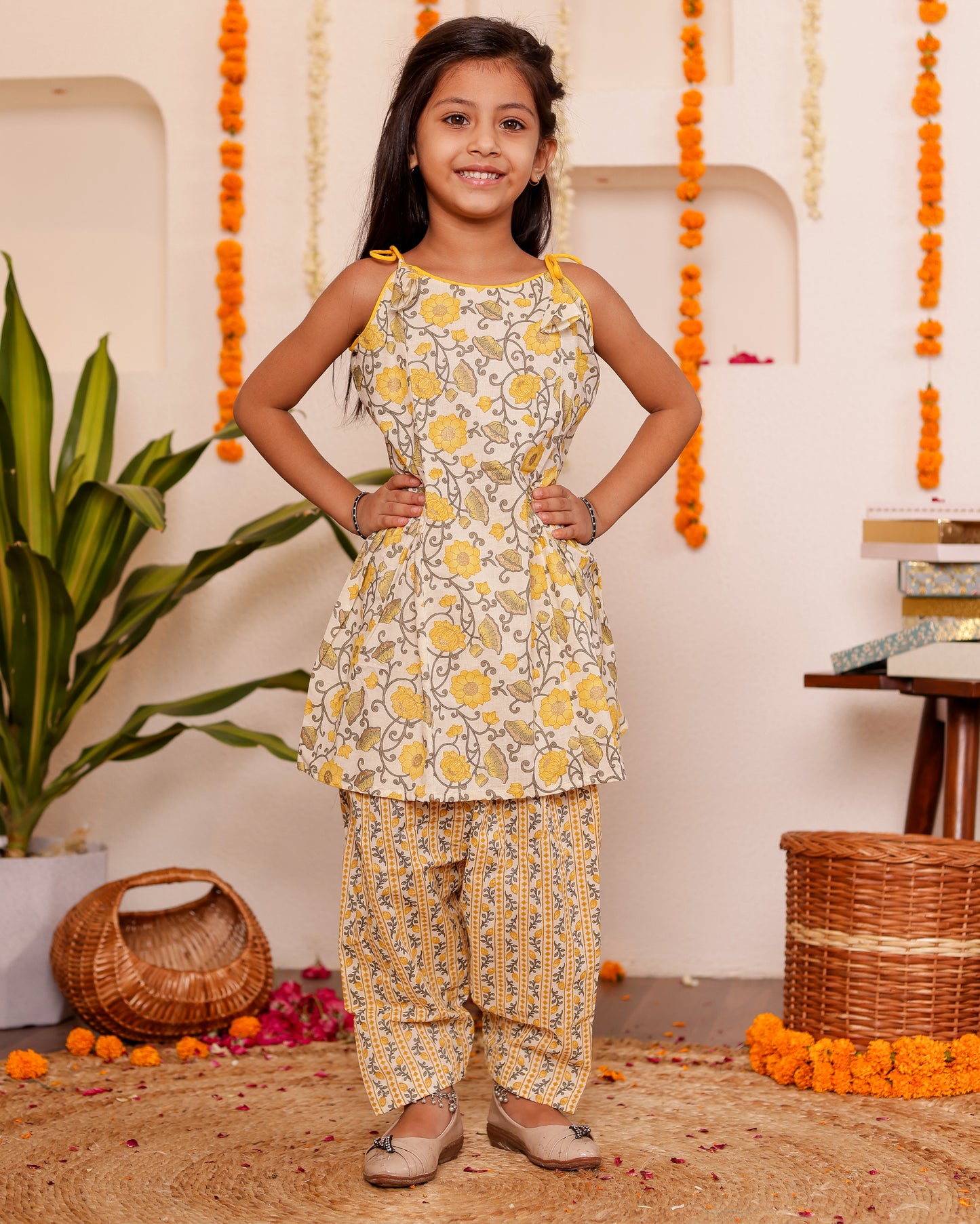 Girls Pretty Floral Spaghetti Kurta with Semi Patiala Pant - Green / Yellow / Aqua