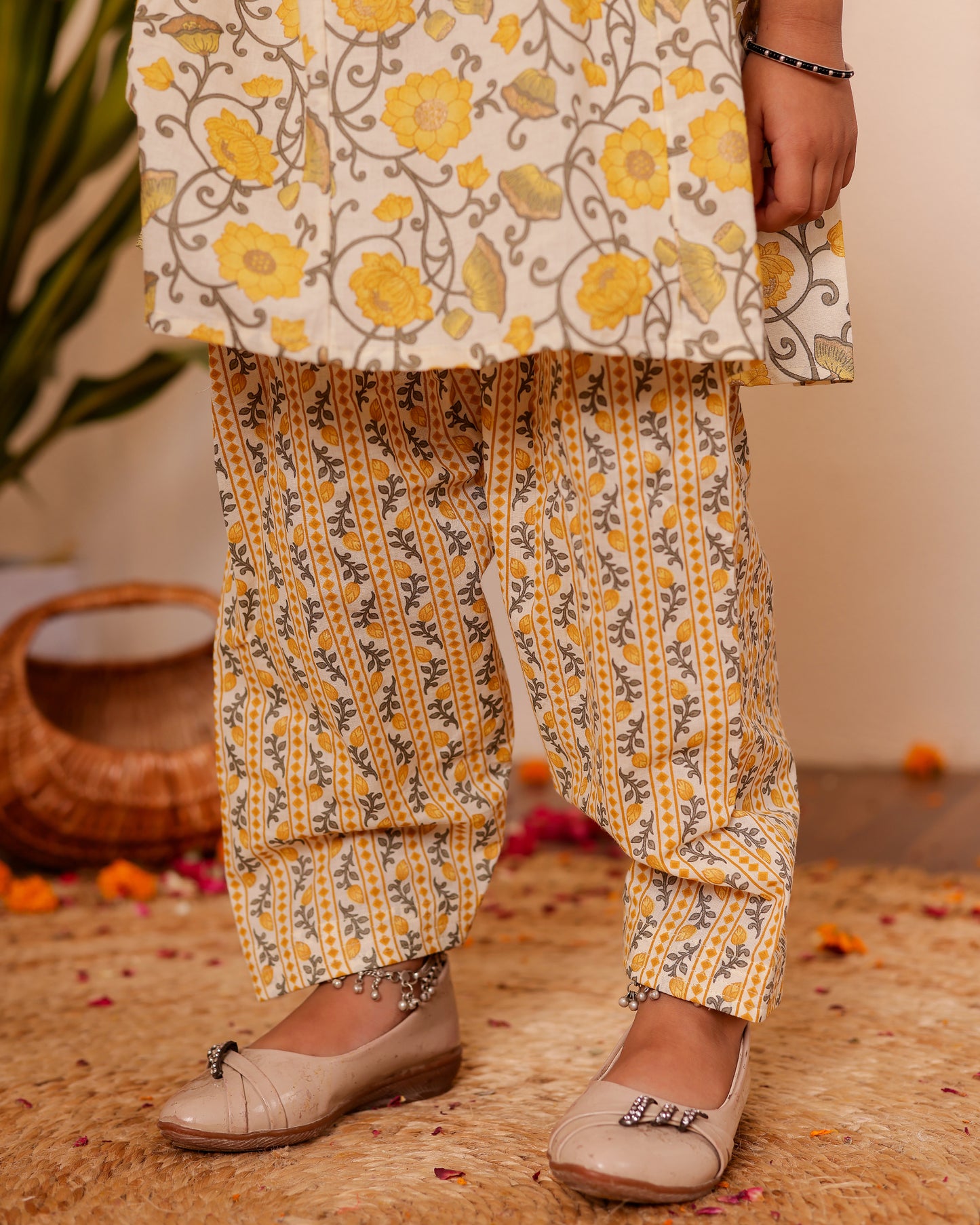 Girls Pretty Floral Spaghetti Kurta with Semi Patiala Pant - Green / Yellow / Aqua