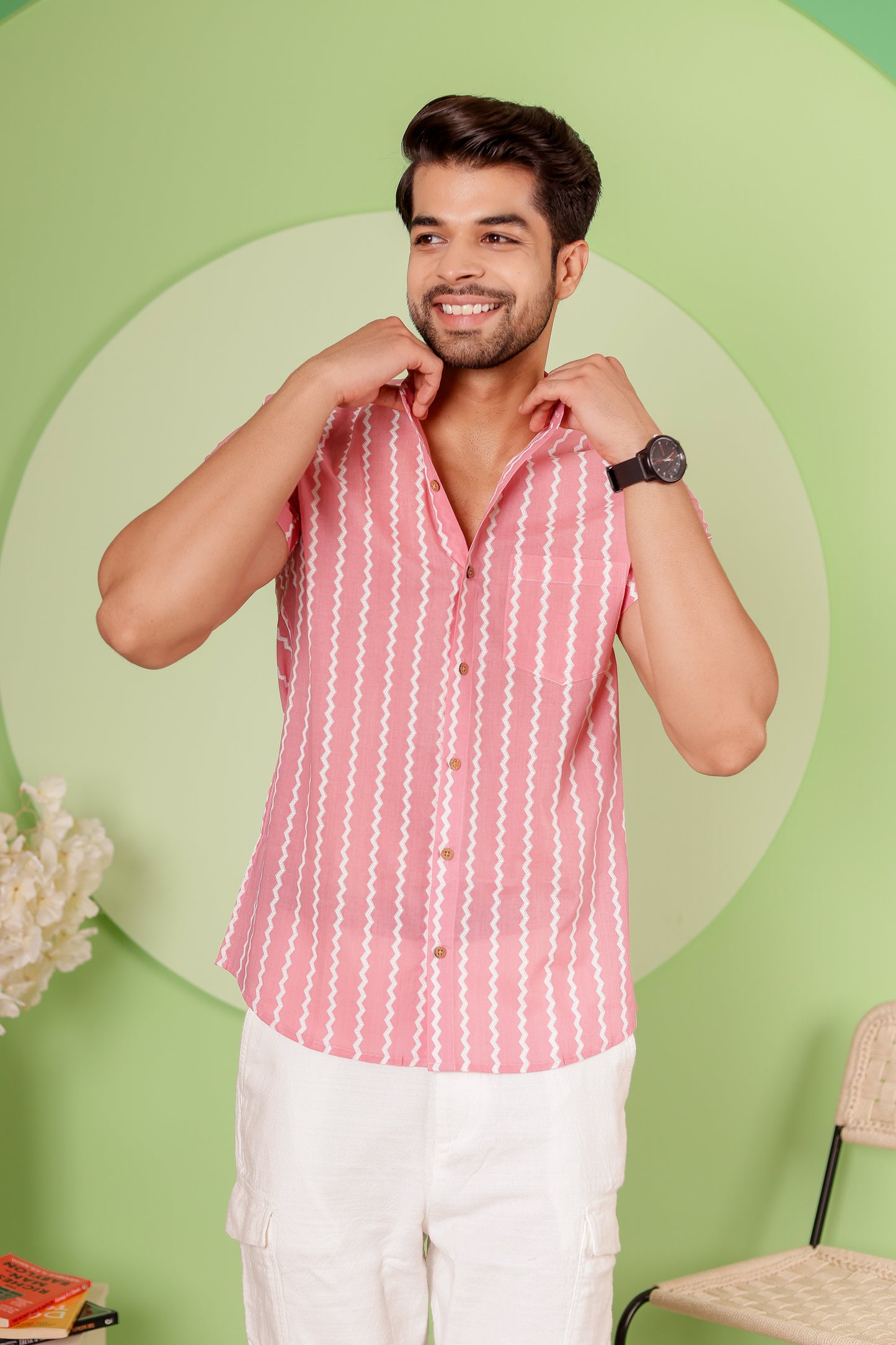 Zigzag Stripes Cotton Shirt with Chinese Collar