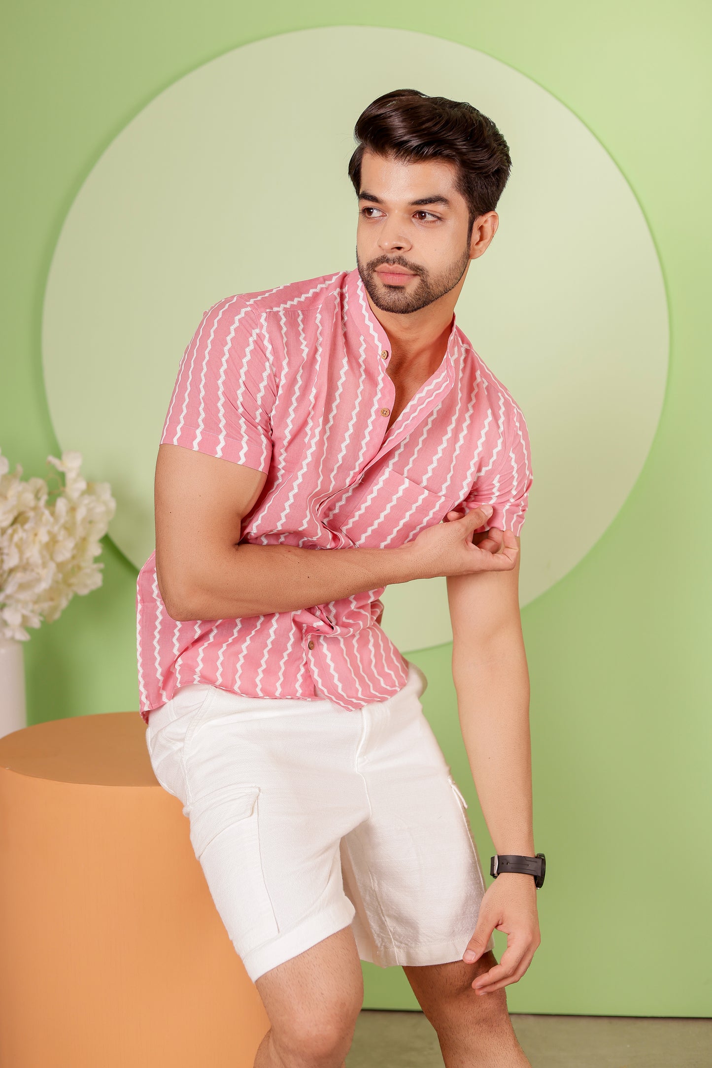 Zigzag Stripes Cotton Shirt with Chinese Collar