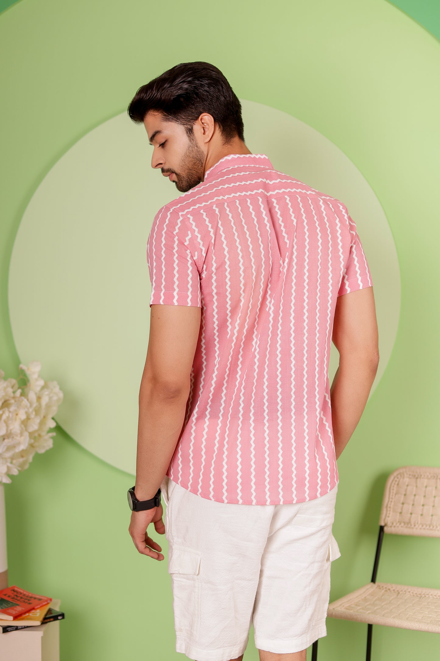 Zigzag Stripes Cotton Shirt with Chinese Collar