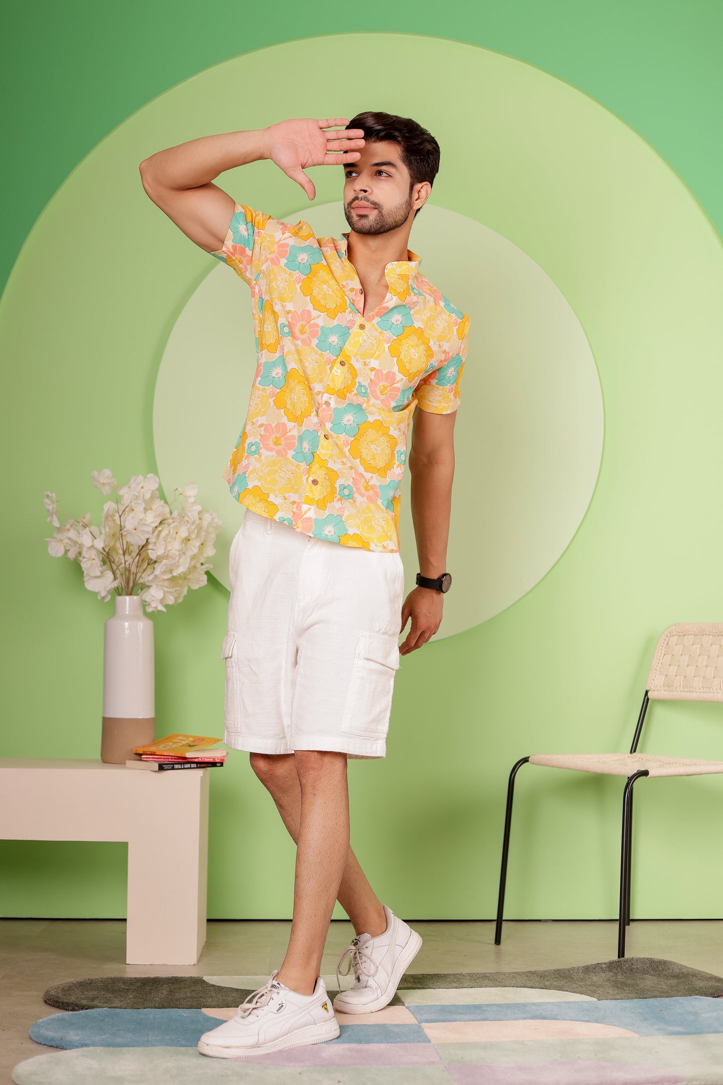 100% cotton Half Sleeve Shirt for Men in Yellow Floral