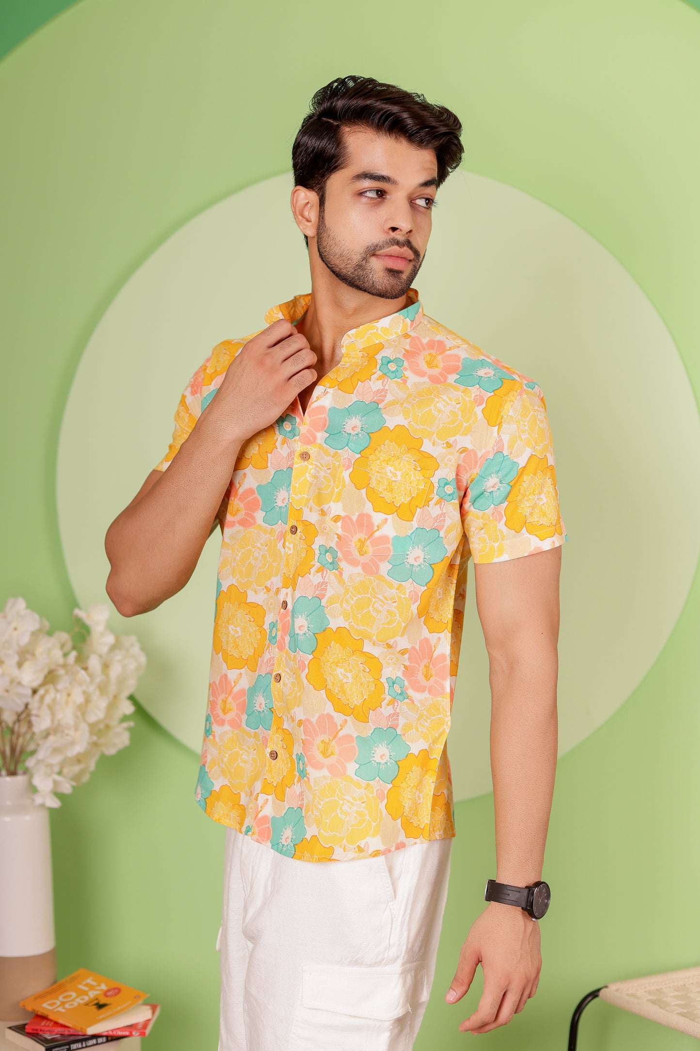 100% cotton Half Sleeve Shirt for Men in Yellow Floral