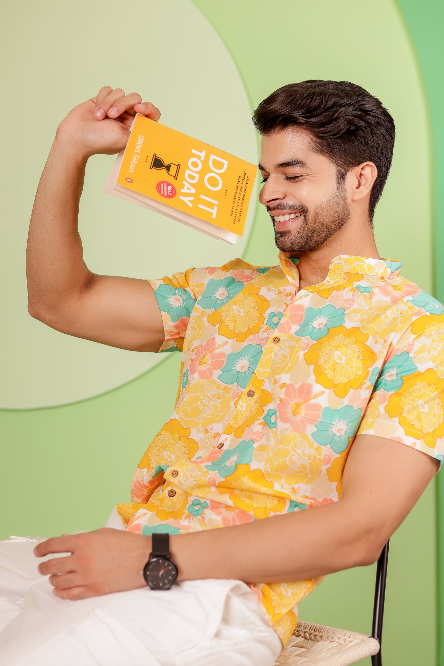 100% cotton Half Sleeve Shirt for Men in Yellow Floral