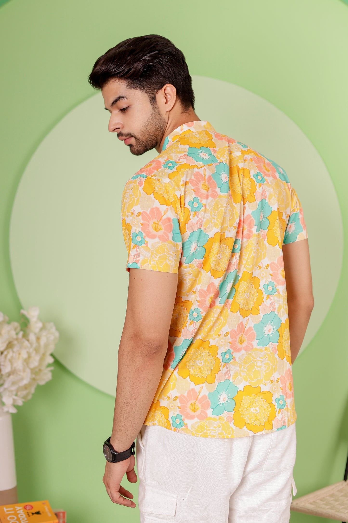 100% cotton Half Sleeve Shirt for Men in Yellow Floral