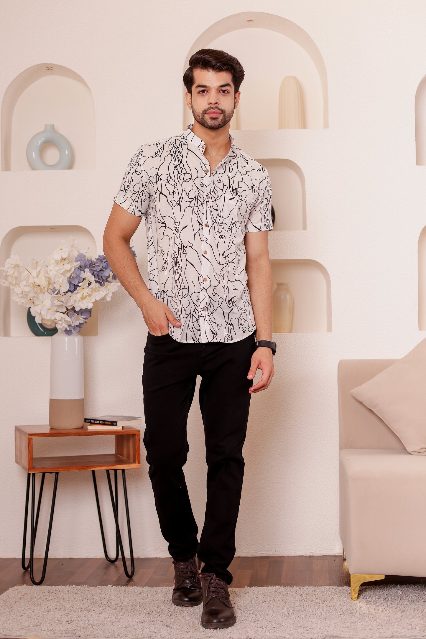 100% cotton Half Sleeve Shirt for Men with Black & White Abstract Print