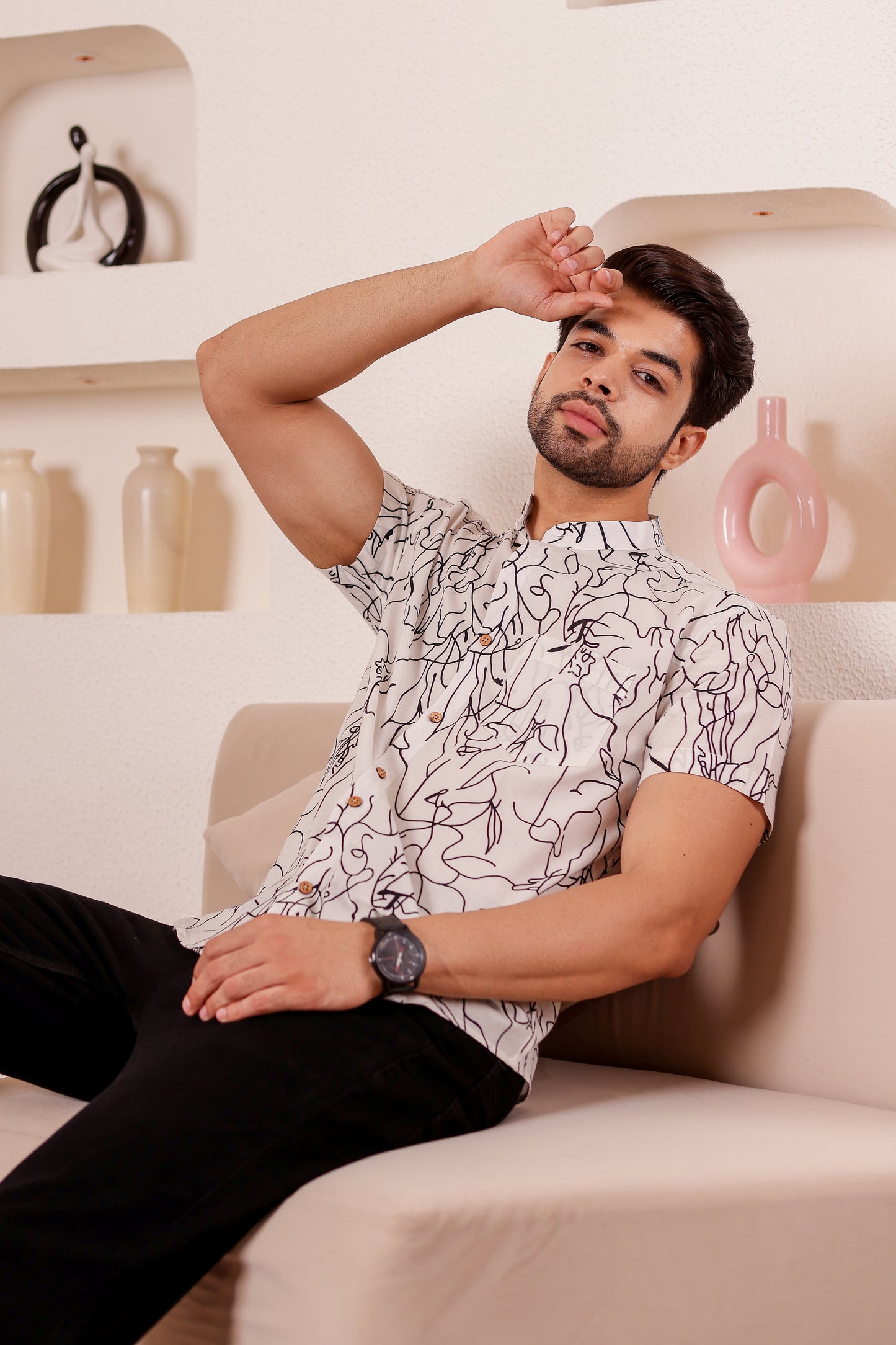 100% cotton Half Sleeve Shirt for Men with Black & White Abstract Print