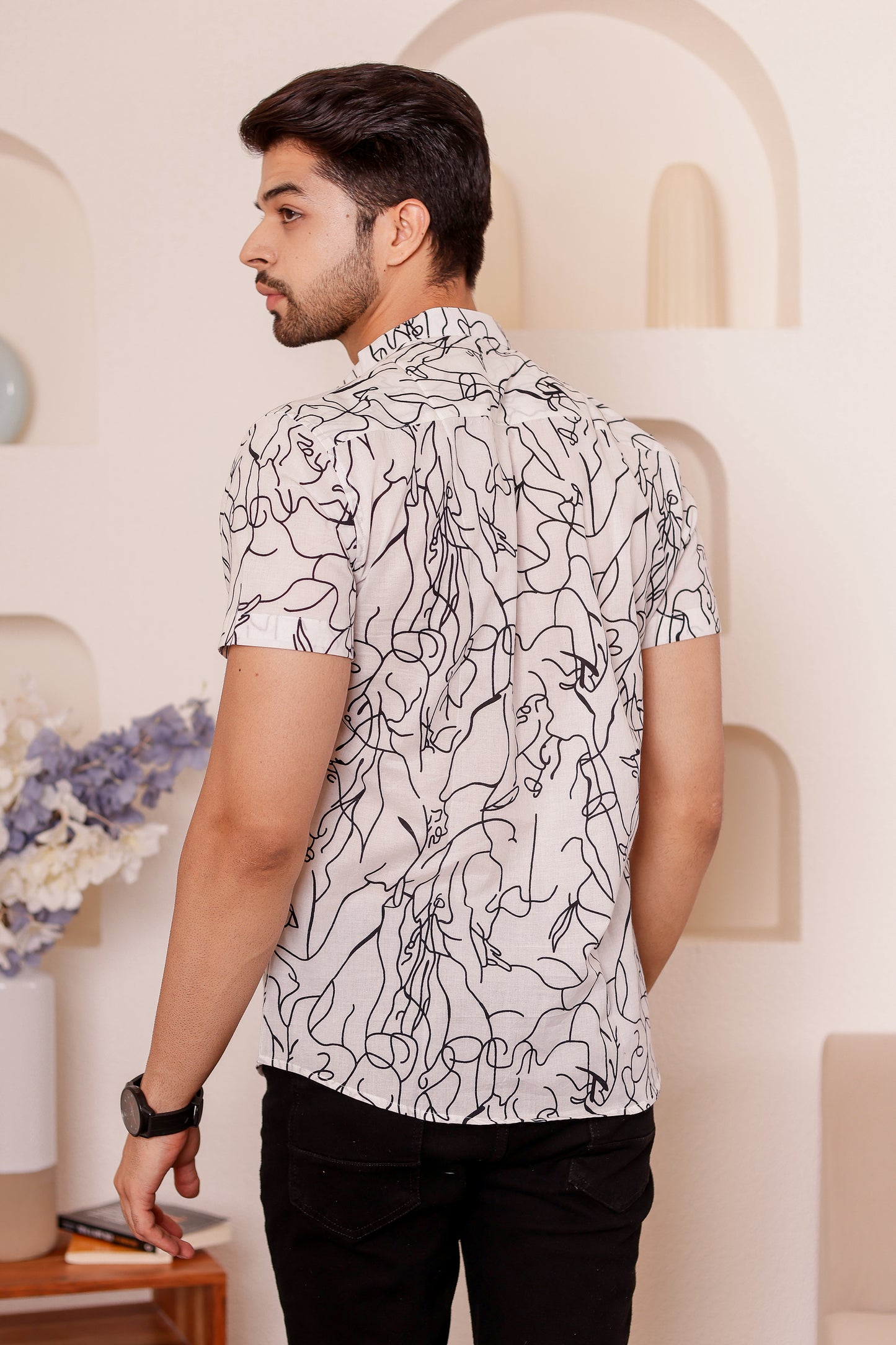 100% cotton Half Sleeve Shirt for Men with Black & White Abstract Print