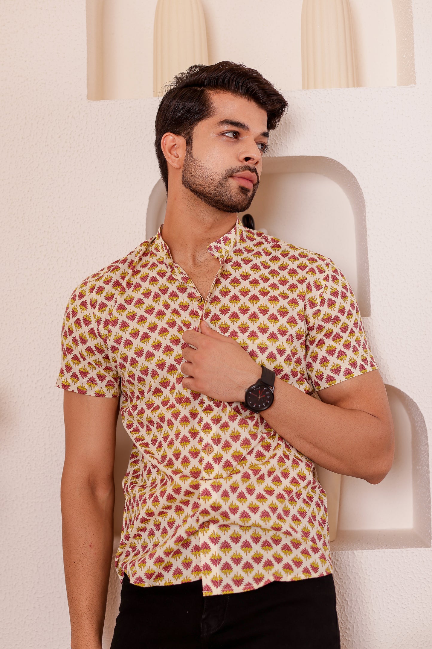 100% cotton Half Sleeve Shirt for Men in Subtle Bootie Print | Shreeyas Cottons