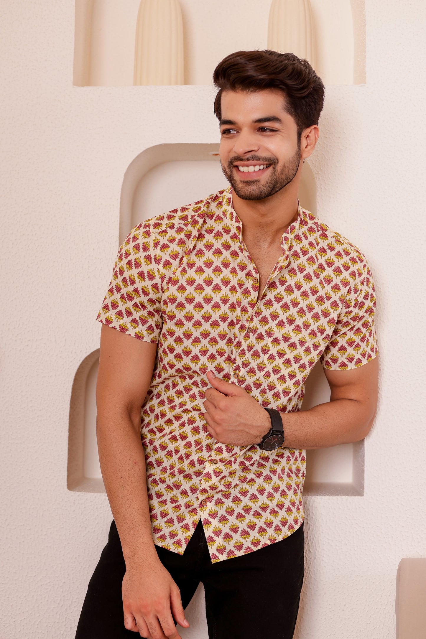100% cotton Half Sleeve Shirt for Men in Subtle Bootie Print | Shreeyas Cottons