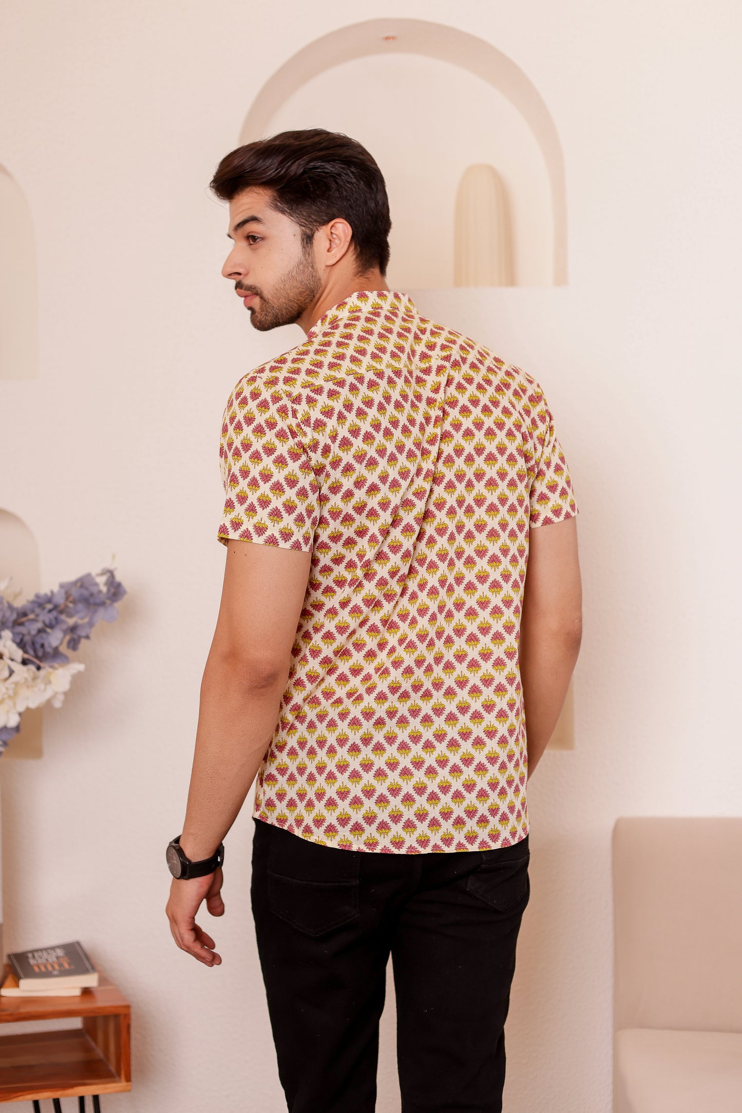 100% cotton Half Sleeve Shirt for Men in Subtle Bootie Print | Shreeyas Cottons