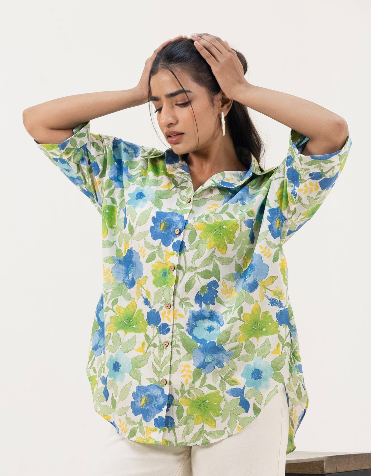 Shreeyas Cottons Oversized Cotton Shirt β Serene Bloom