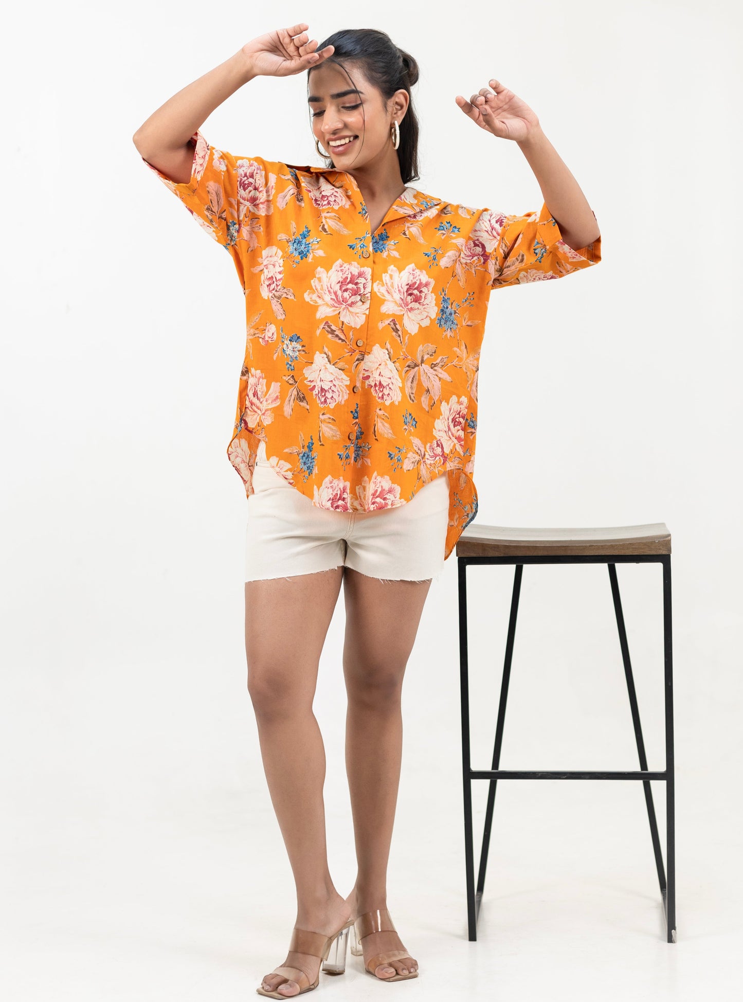 Shreeyas Cottons Oversized Cotton Shirt β Sunburst Blossoms