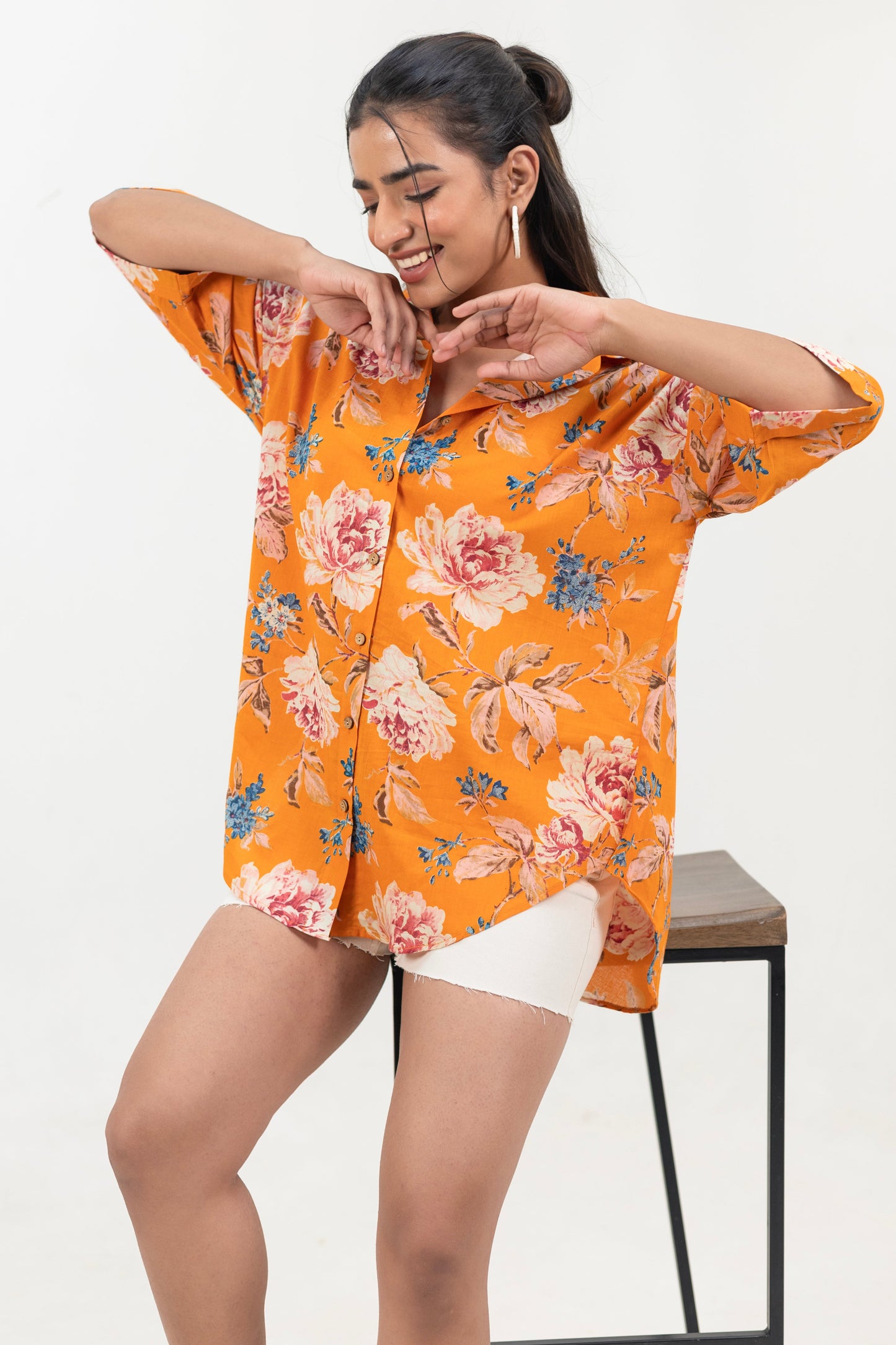 Shreeyas Cottons Oversized Cotton Shirt β Sunburst Blossoms