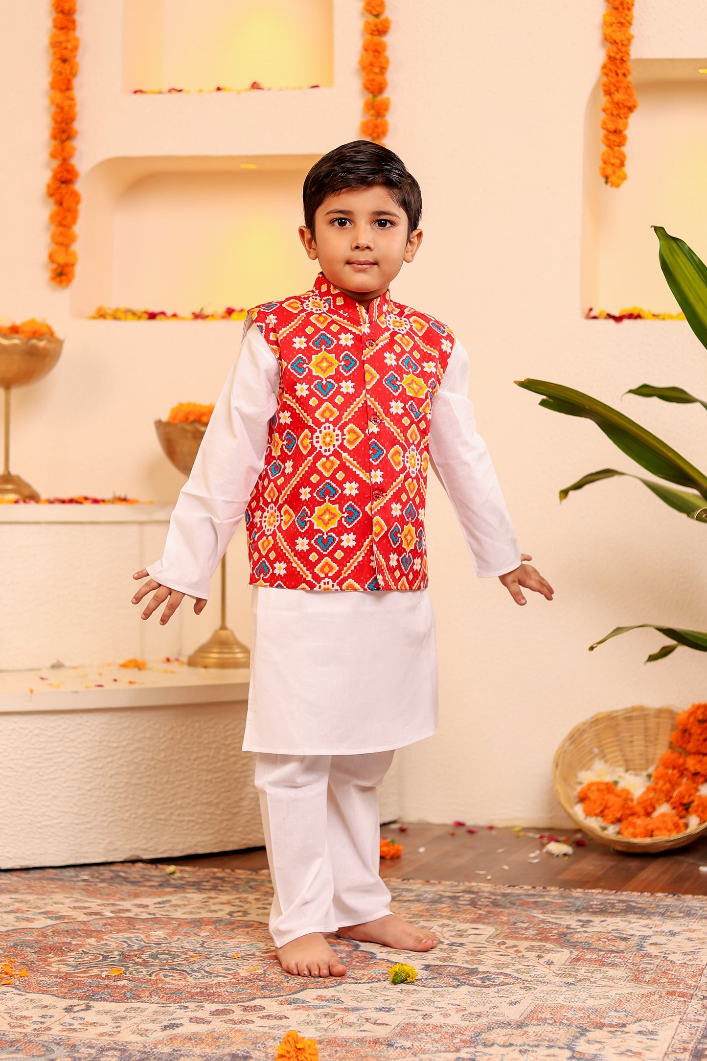 Stylish Boys' White Kurta Pyjama with Red Kothi/Jacket (0-8 Years)