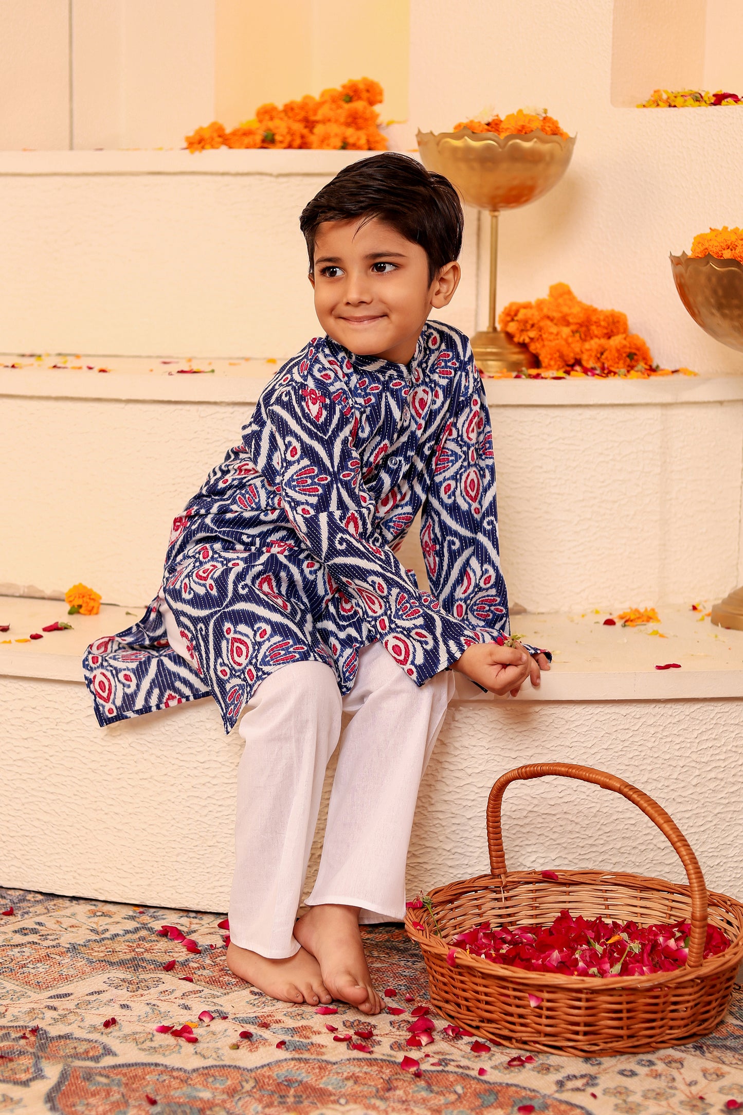 Boys Elegant Kantha Kurta Pyjama - Red/Blue (0-8 Years)
