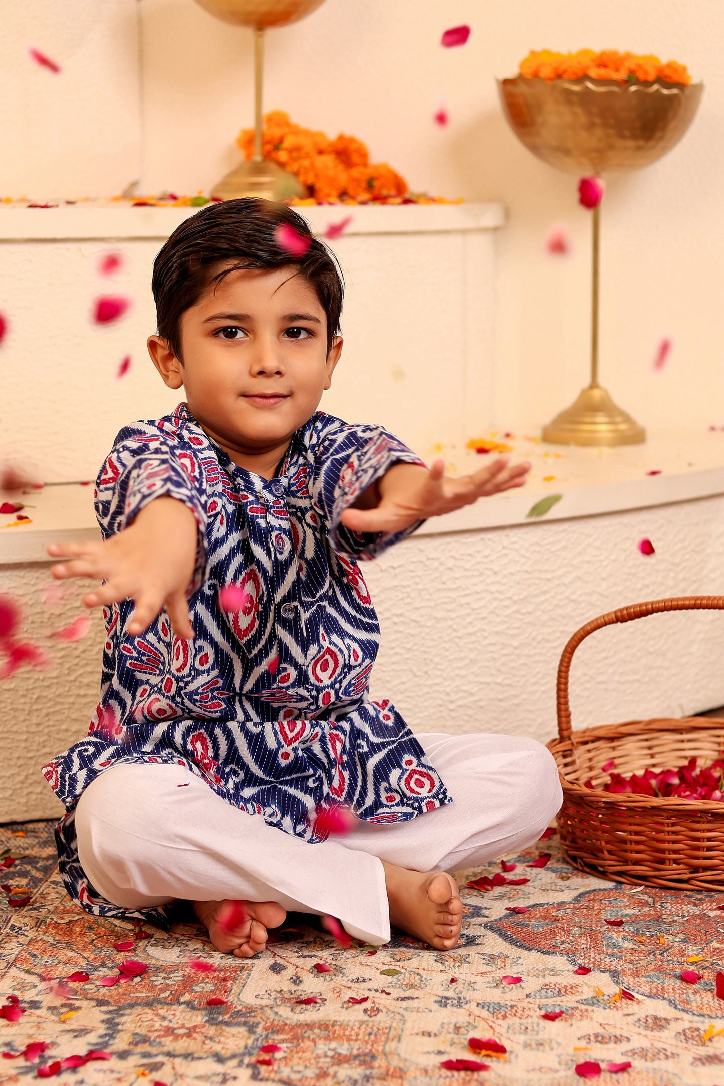 Boys Elegant Kantha Kurta Pyjama - Red/Blue (0-8 Years)