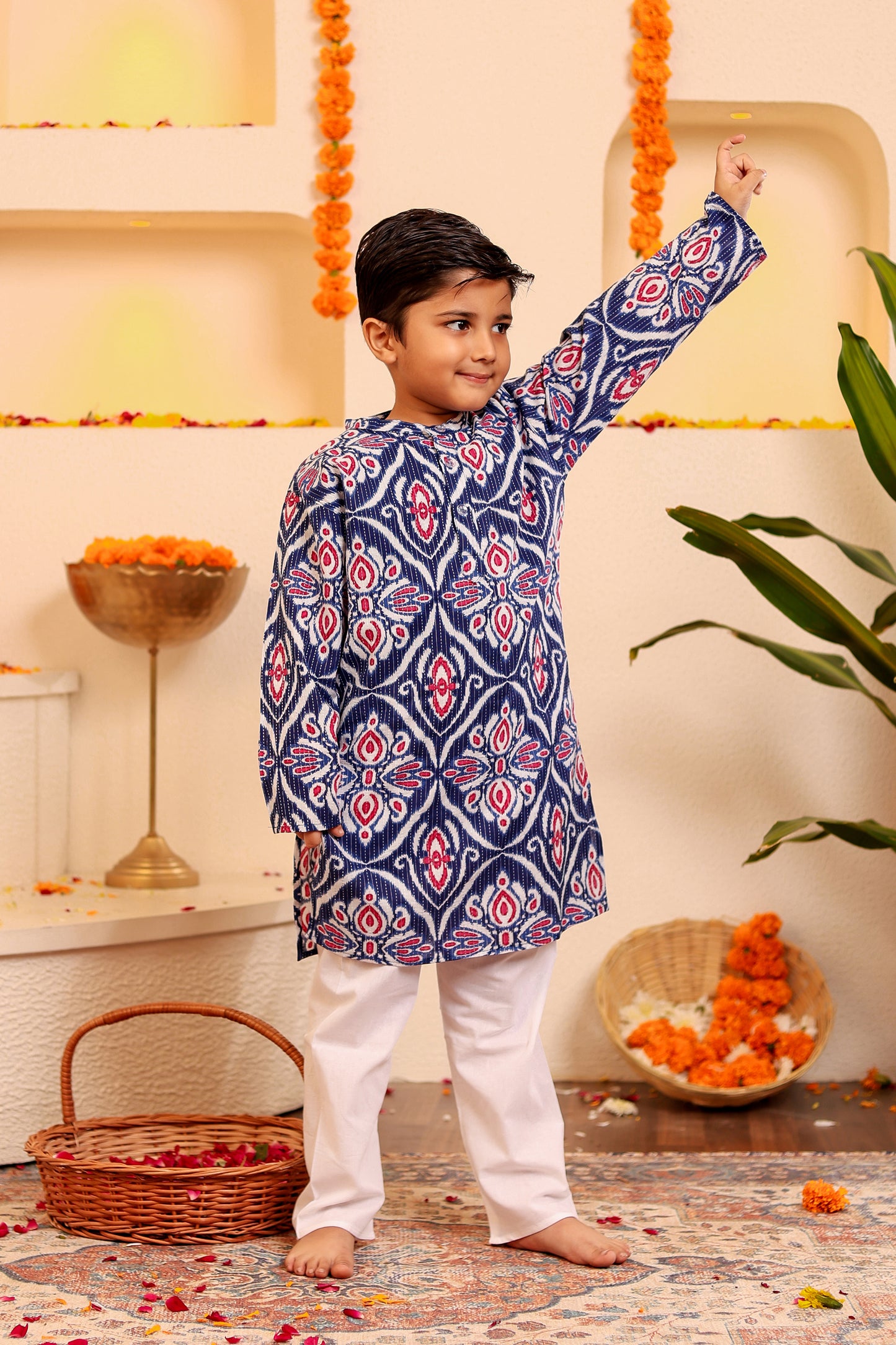 Boys Elegant Kantha Kurta Pyjama - Red/Blue (0-8 Years)