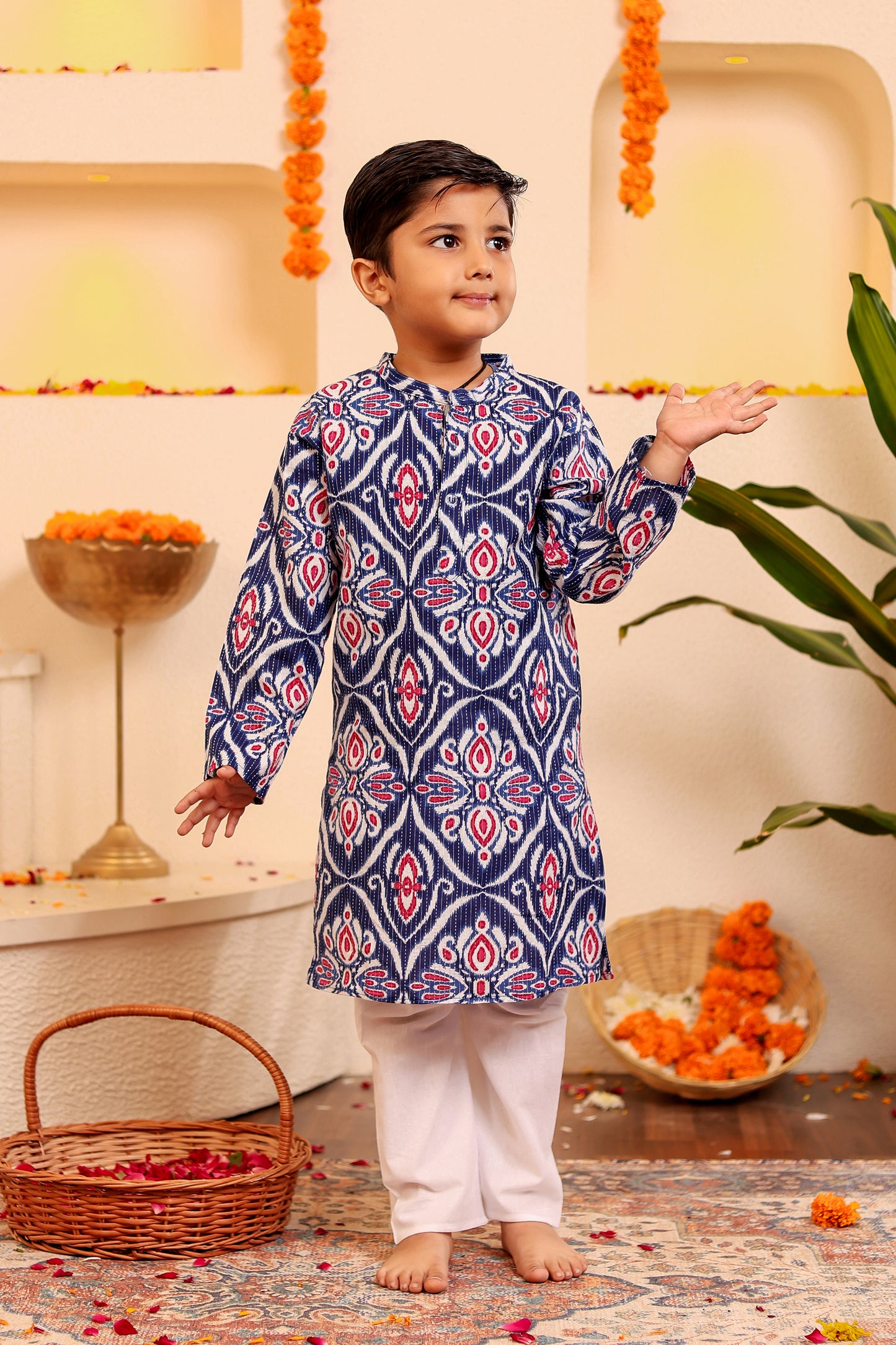 Boys Elegant Kantha Kurta Pyjama - Red/Blue (0-8 Years)