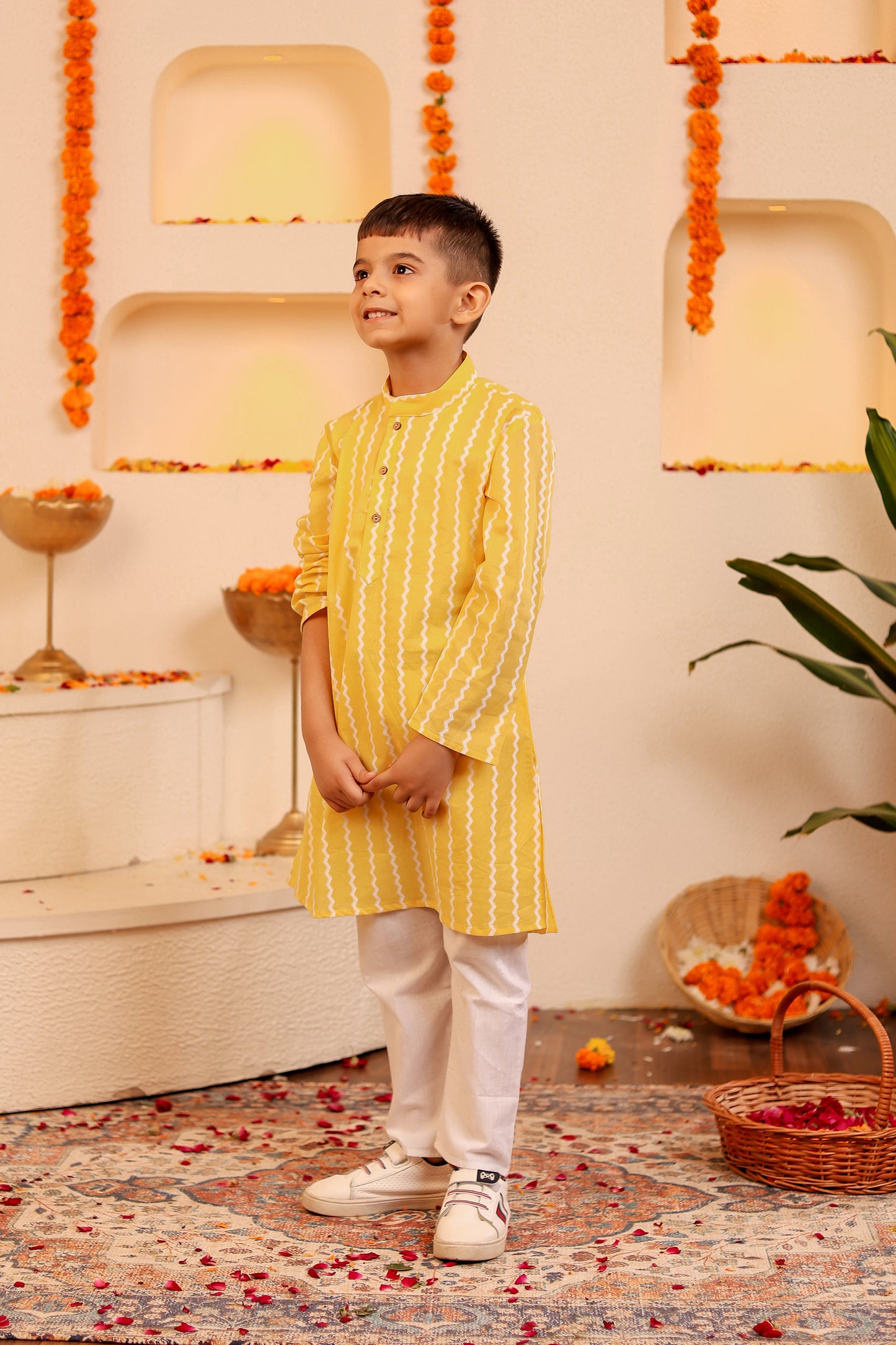 Boys Charming Yellow with White Zigzag Kurta Pyjama (1-12yrs)
