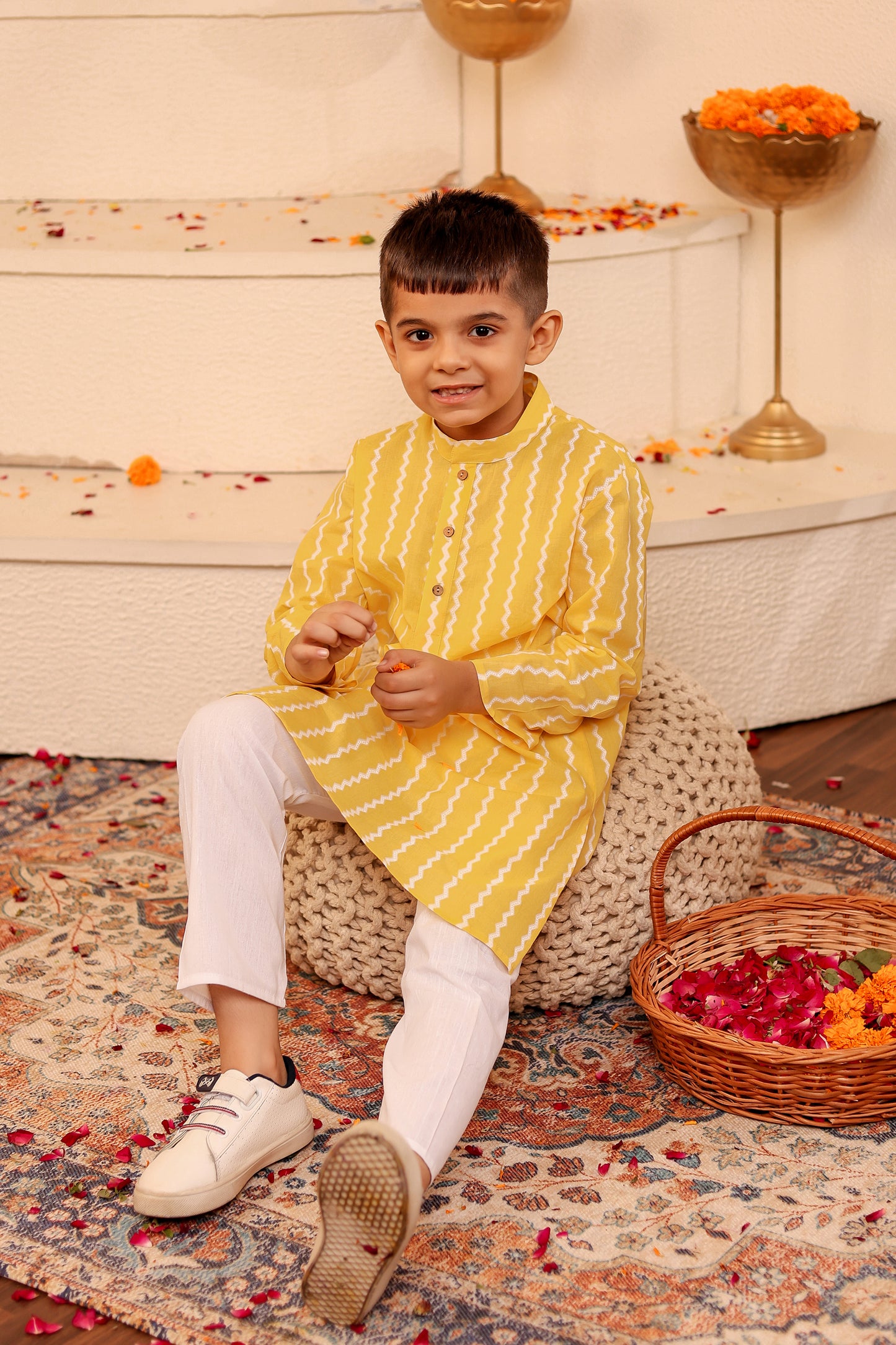 Boys Charming Yellow with White Zigzag Kurta Pyjama (1-12yrs)