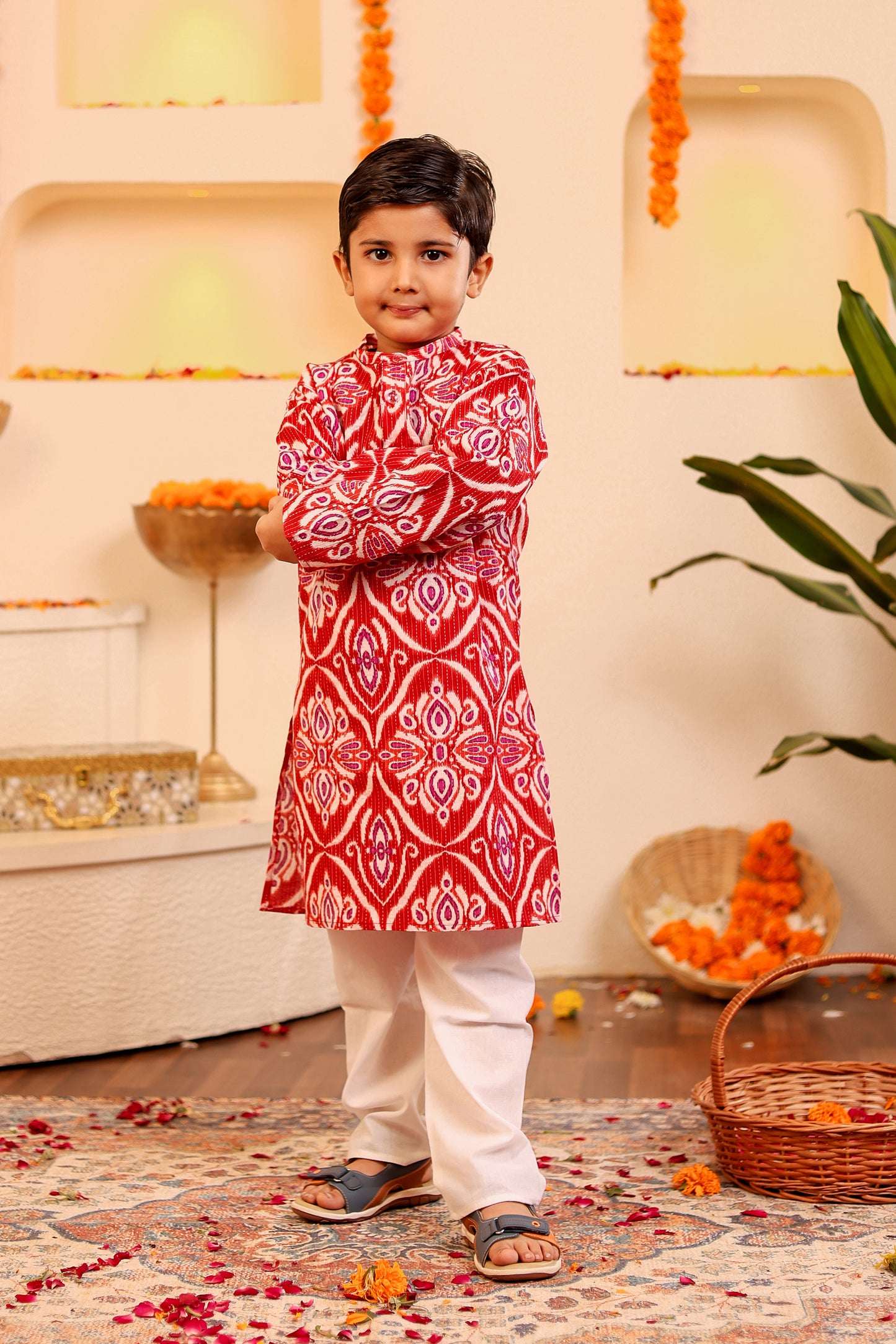 Boys Elegant Kantha Kurta Pyjama - Red/Blue (0-8 Years)