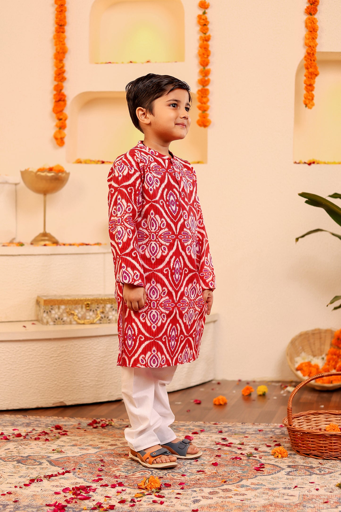 Boys Elegant Kantha Kurta Pyjama - Red/Blue (0-8 Years)