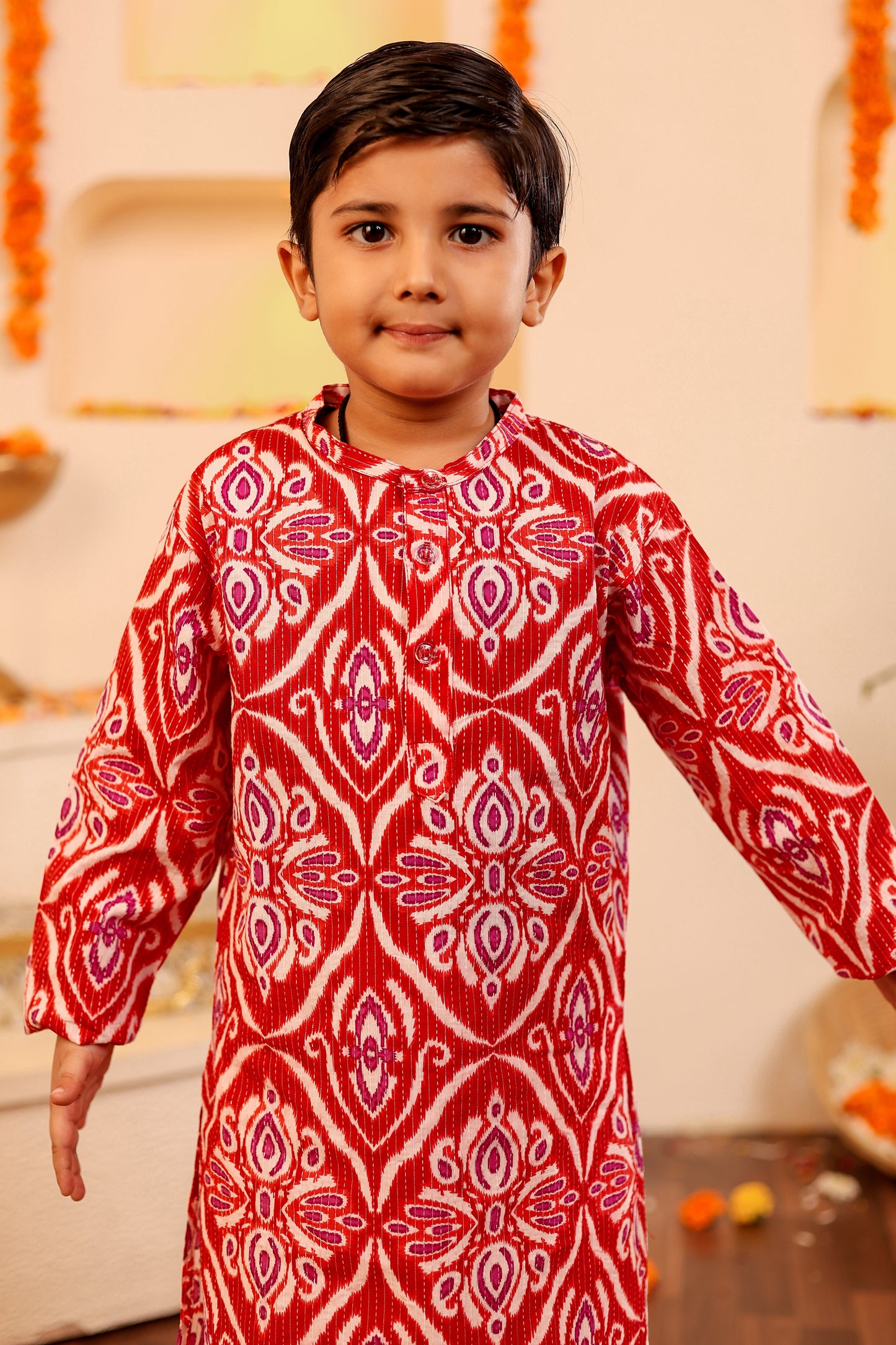 Boys Elegant Kantha Kurta Pyjama - Red/Blue (0-8 Years)