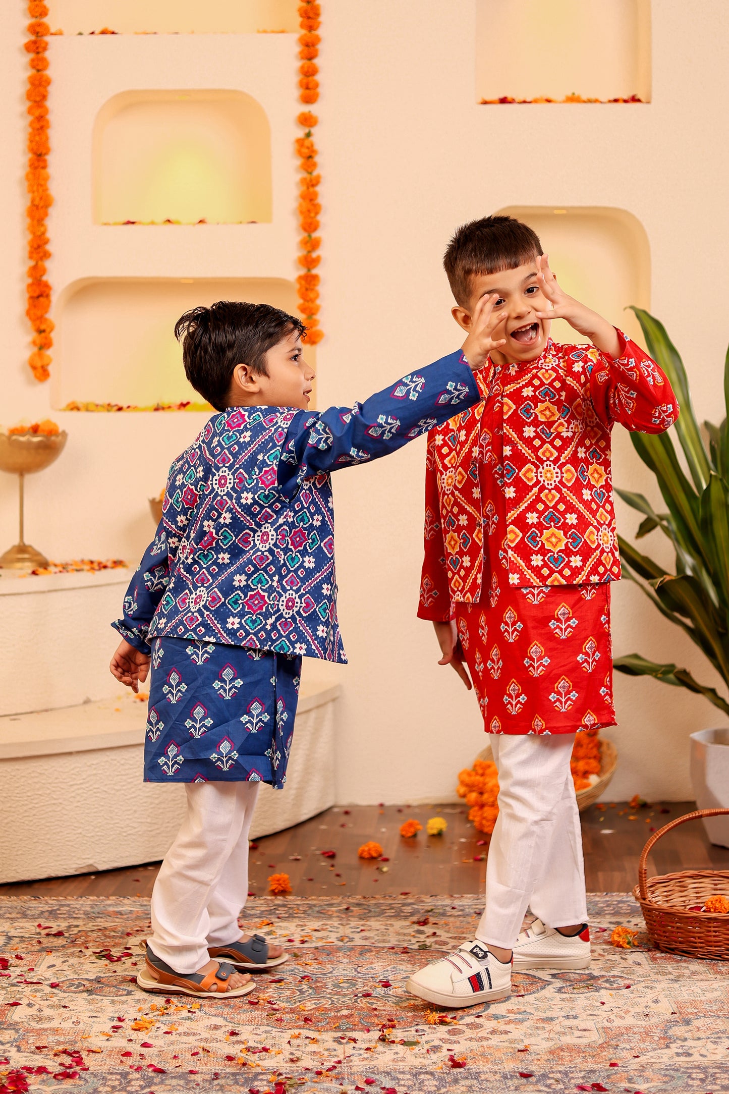 Stylish Boys' Red/Blue Kurta Pyjama with Kothi/Jacket - 3pc set (0-8 Years)