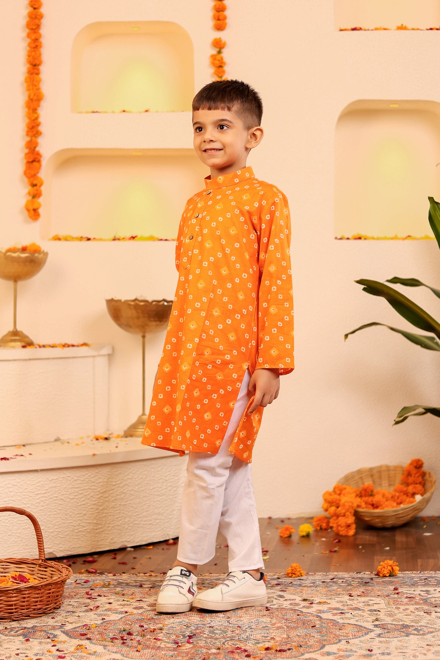 Boys Vibrant Orange Bandhani Kurta Pyjama for Kids (1-12 Years)