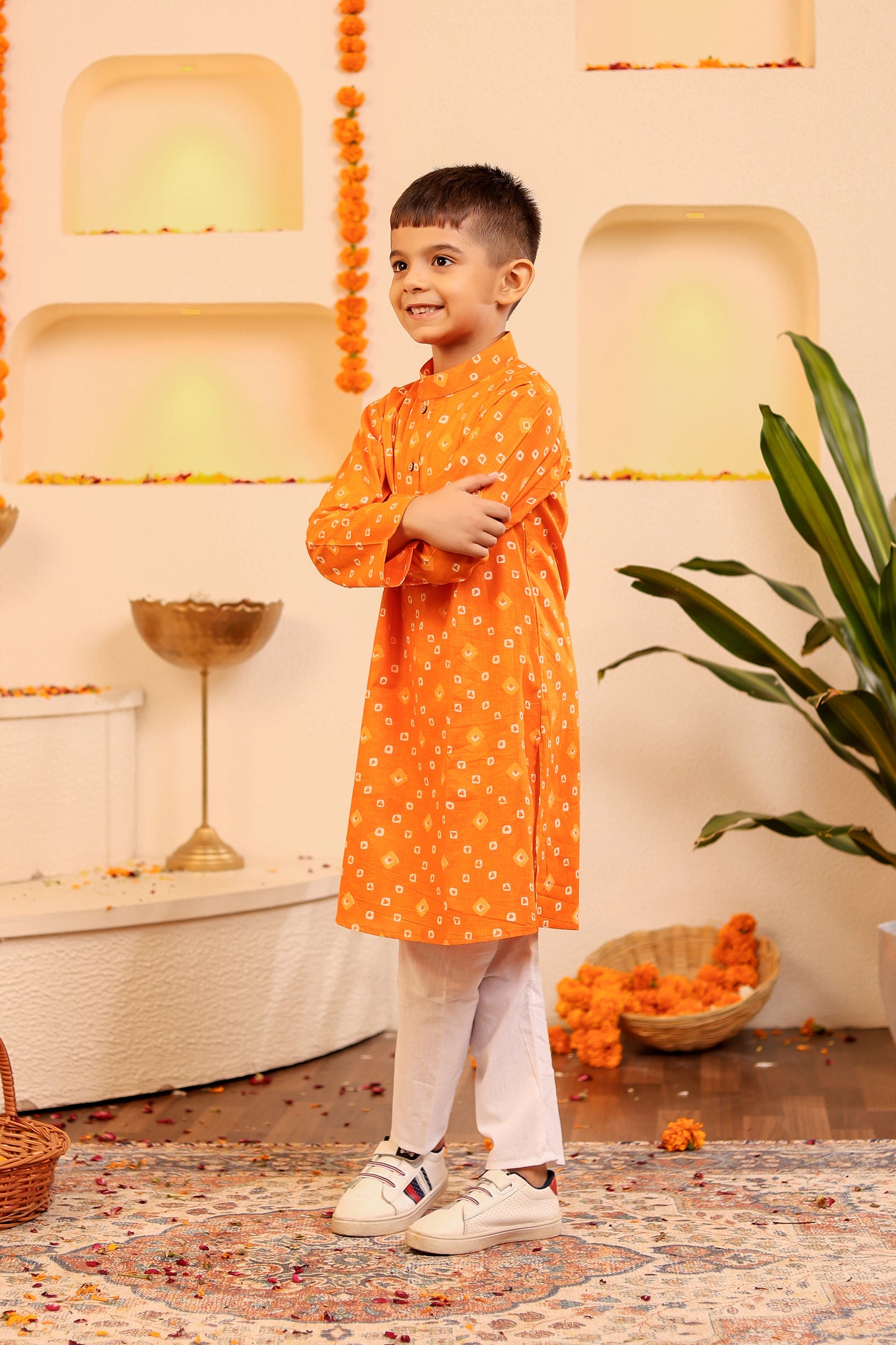 Boys Vibrant Orange Bandhani Kurta Pyjama for Kids (1-12 Years)