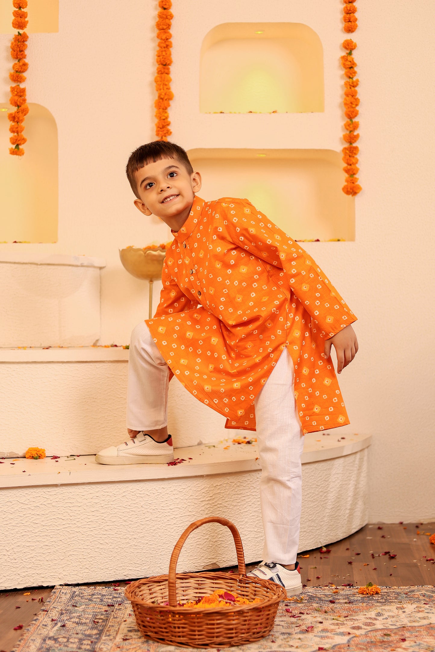 Boys Vibrant Orange Bandhani Kurta Pyjama for Kids (1-12 Years)