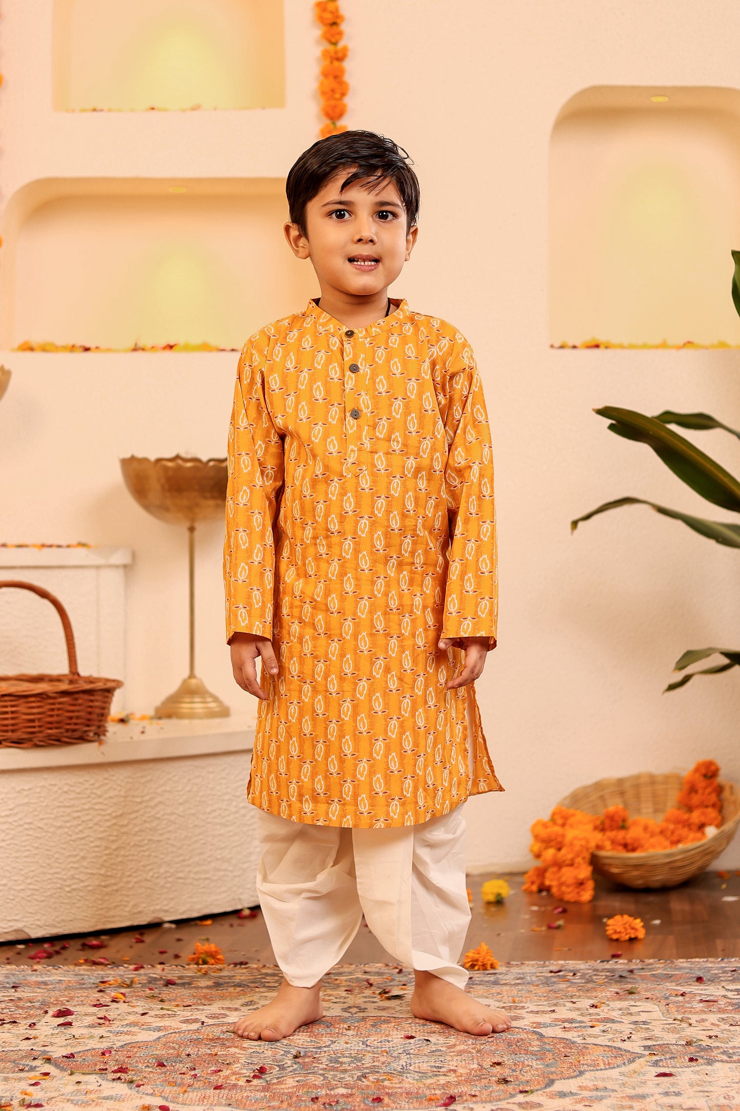 Boys Vibrant Orangish-Yellow Kurta Dhoti/Pyjama with Red White Motif (0-8 Years)
