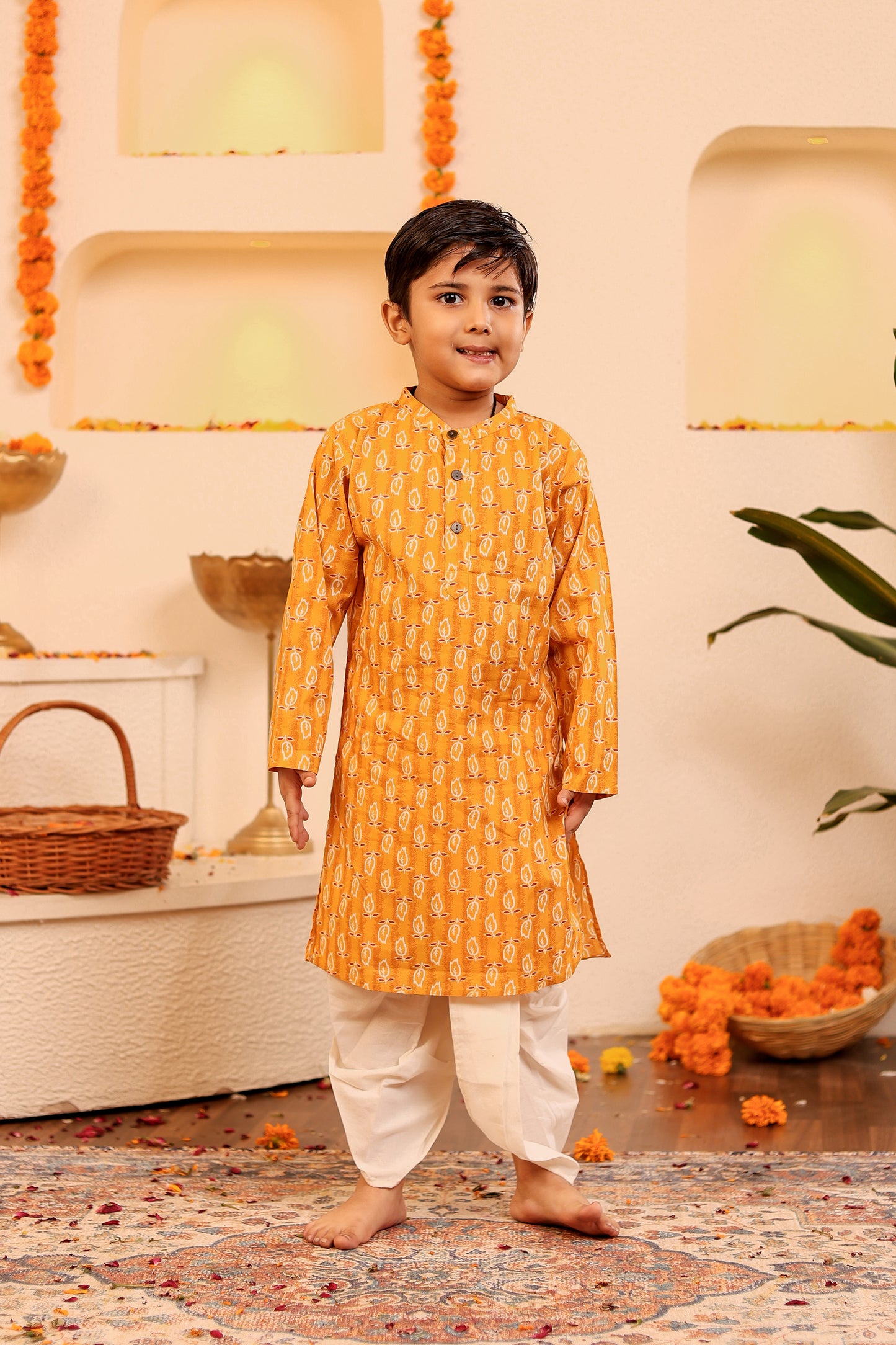 Boys Vibrant Orangish-Yellow Kurta Dhoti/Pyjama with Red White Motif (0-8 Years)